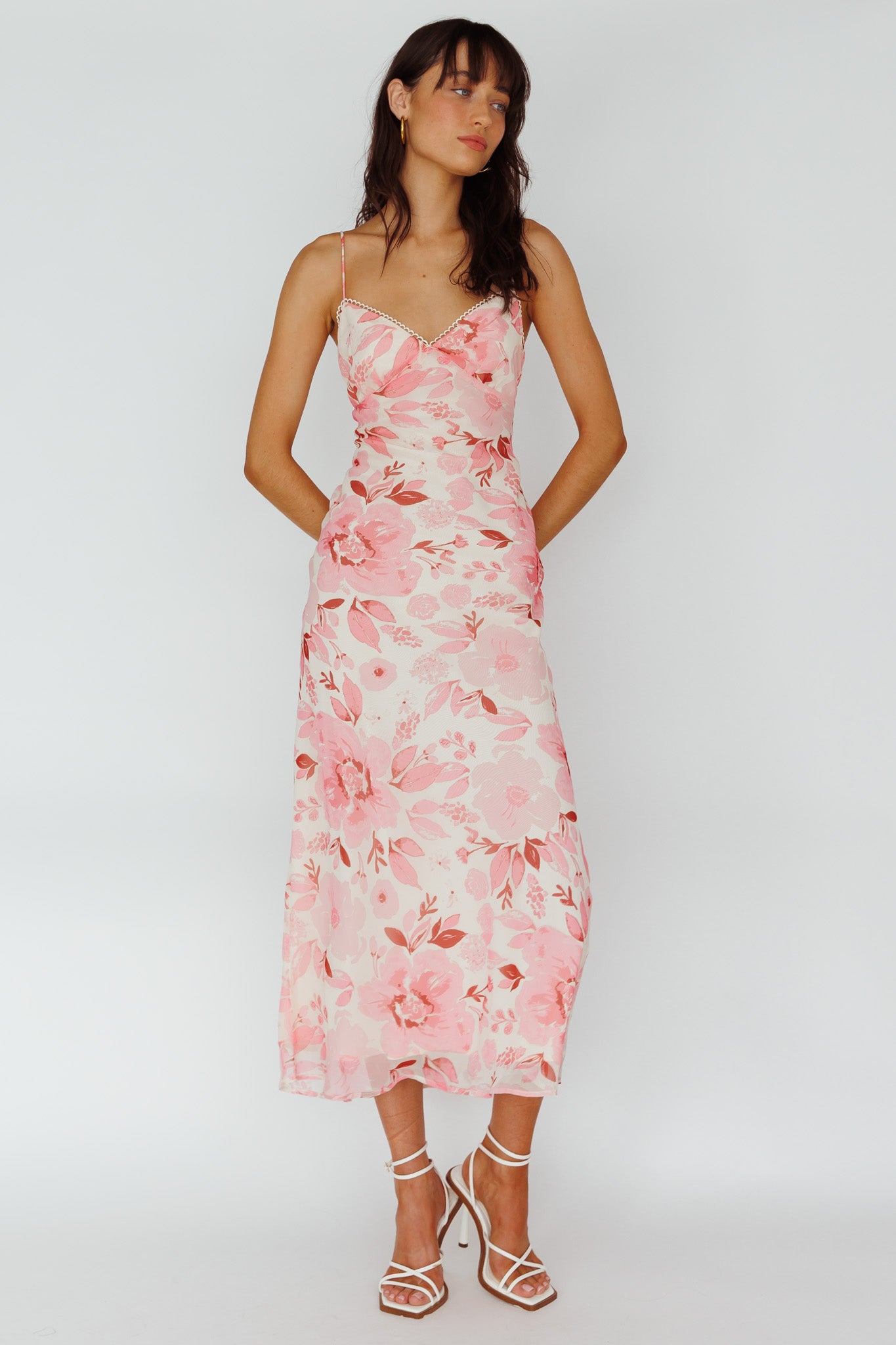 Egypt Cami Strap Midi Dress Floral Pink by Selfie Leslie