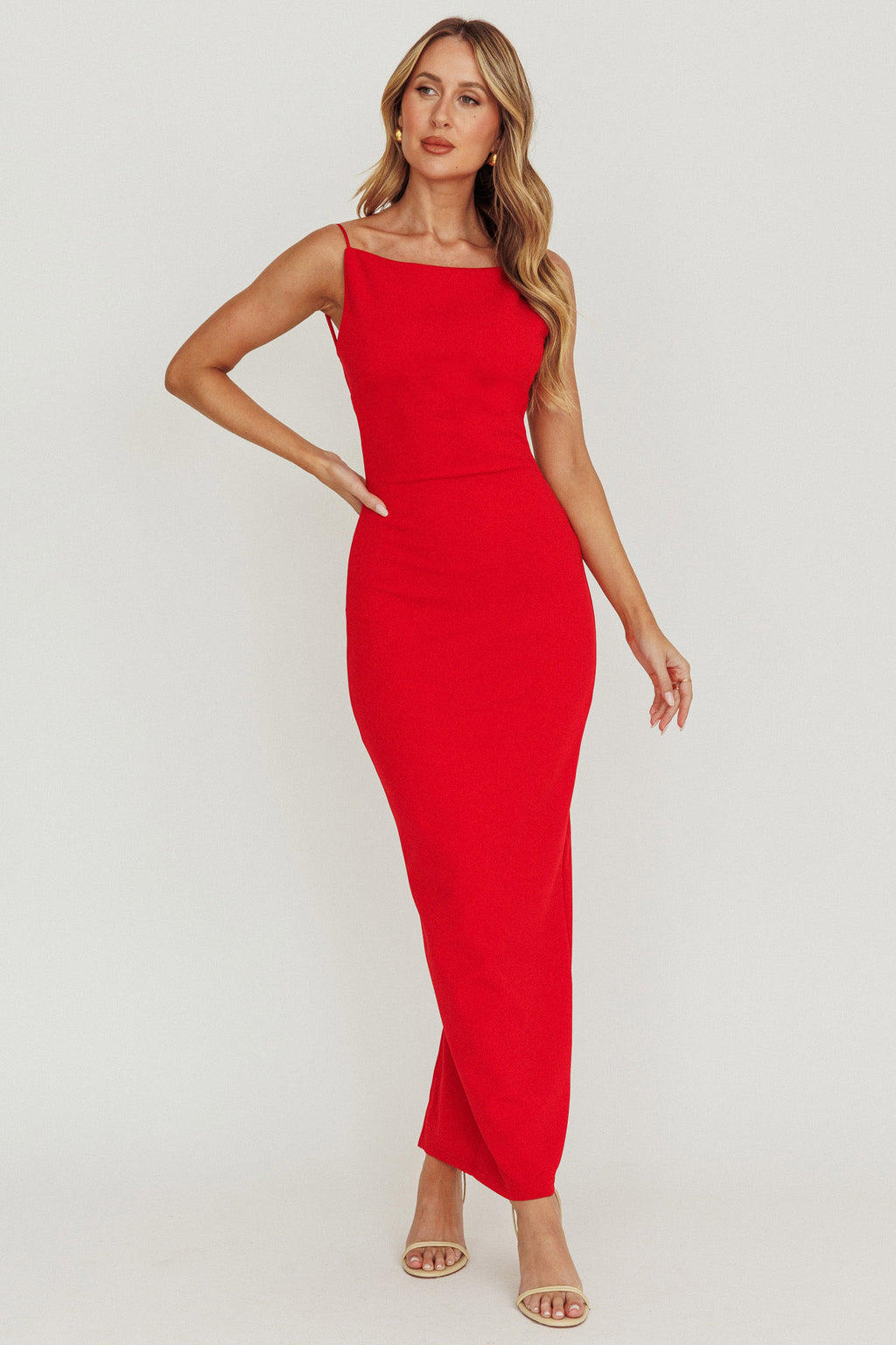 Yindi Backless Boat Neck Maxi Dress Red by Selfie Leslie