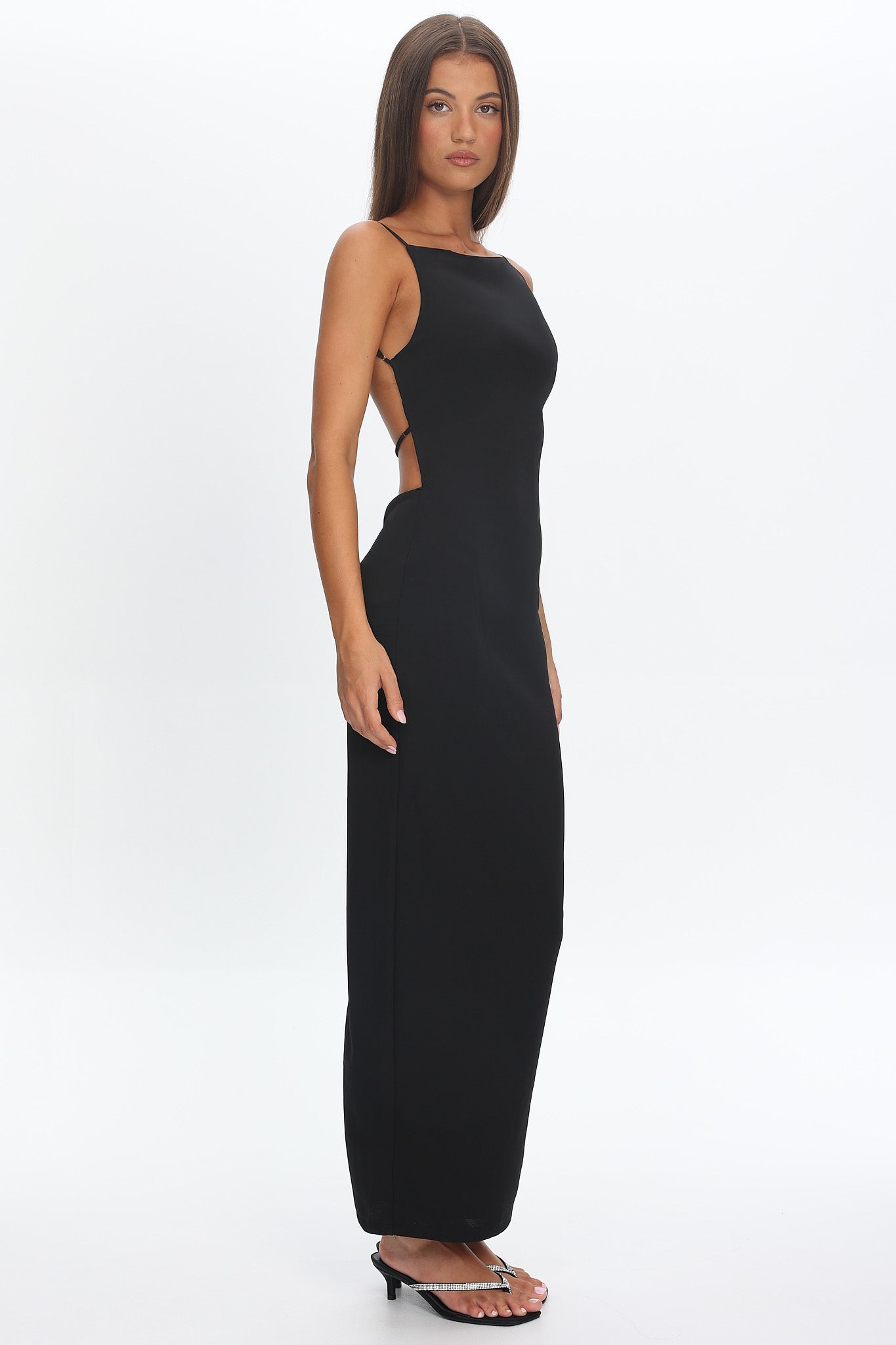 Yindi Backless Boat Neck Maxi Dress Black Selfie Leslie Yindi Backless Boat Neck Maxi Dress Black Selfie Leslie