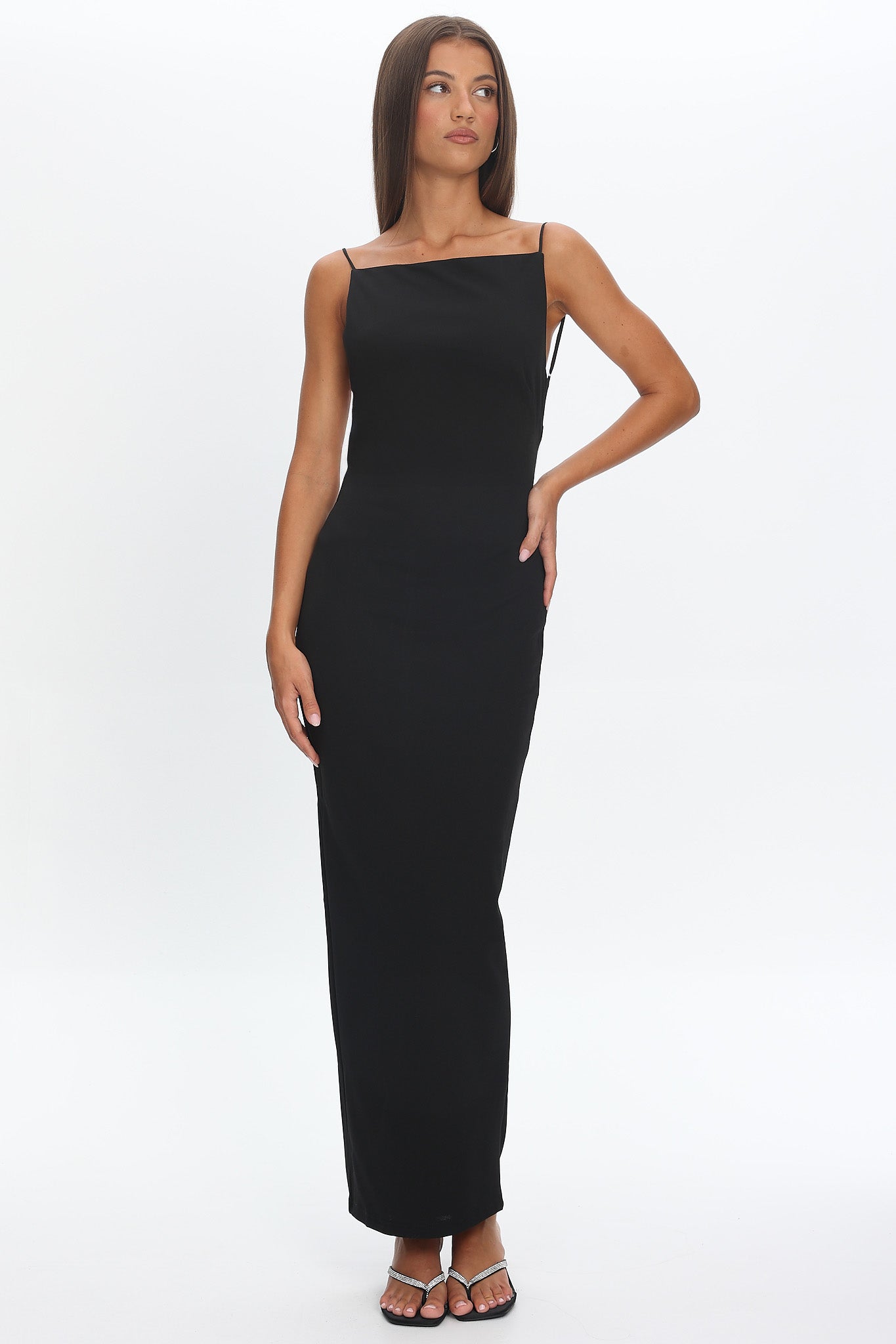 Yindi Backless Boat Neck Maxi Dress Black by Selfie Leslie