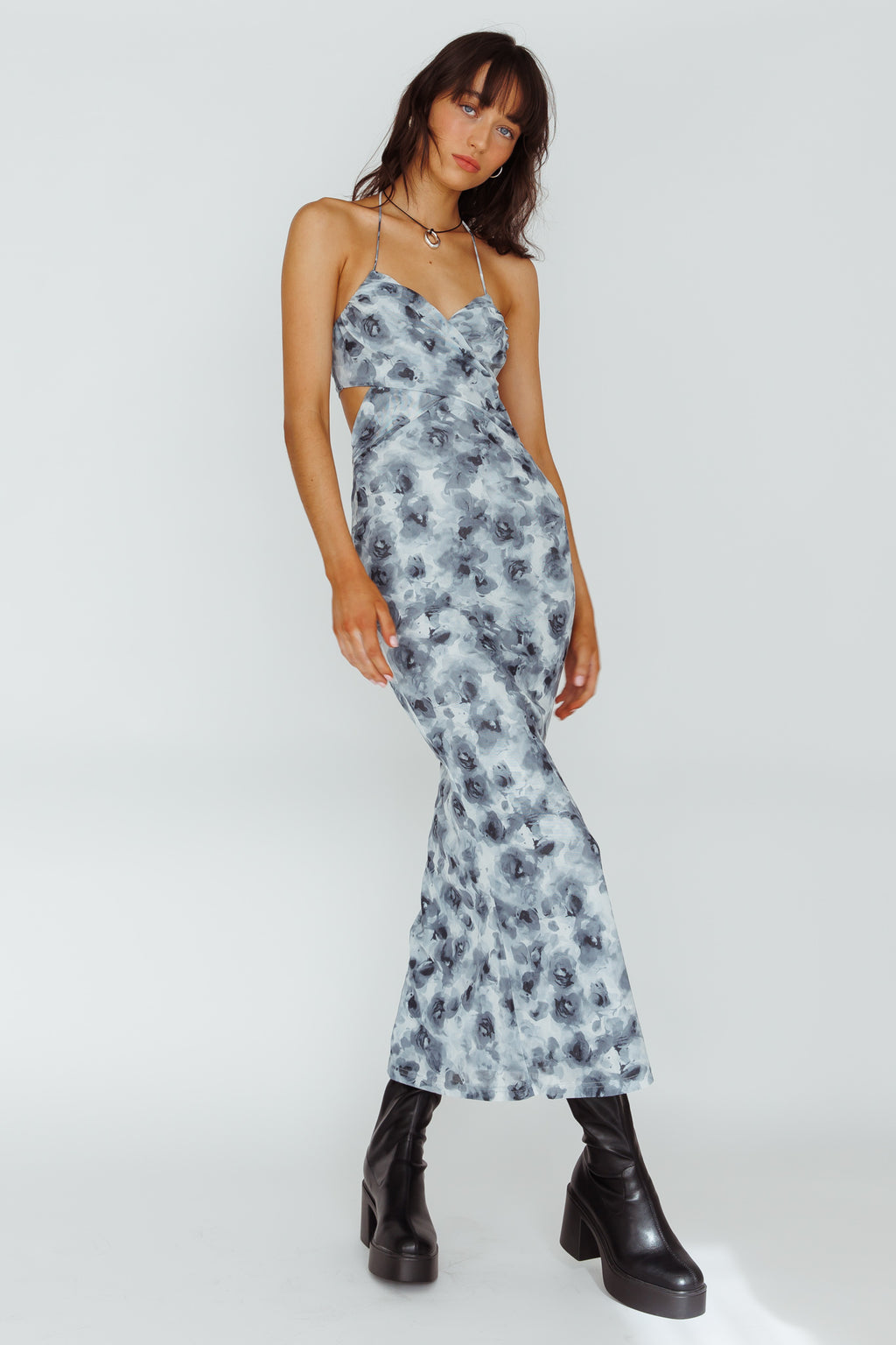Alivia Tied Back Maxi Dress Floral Black by Selfie Leslie