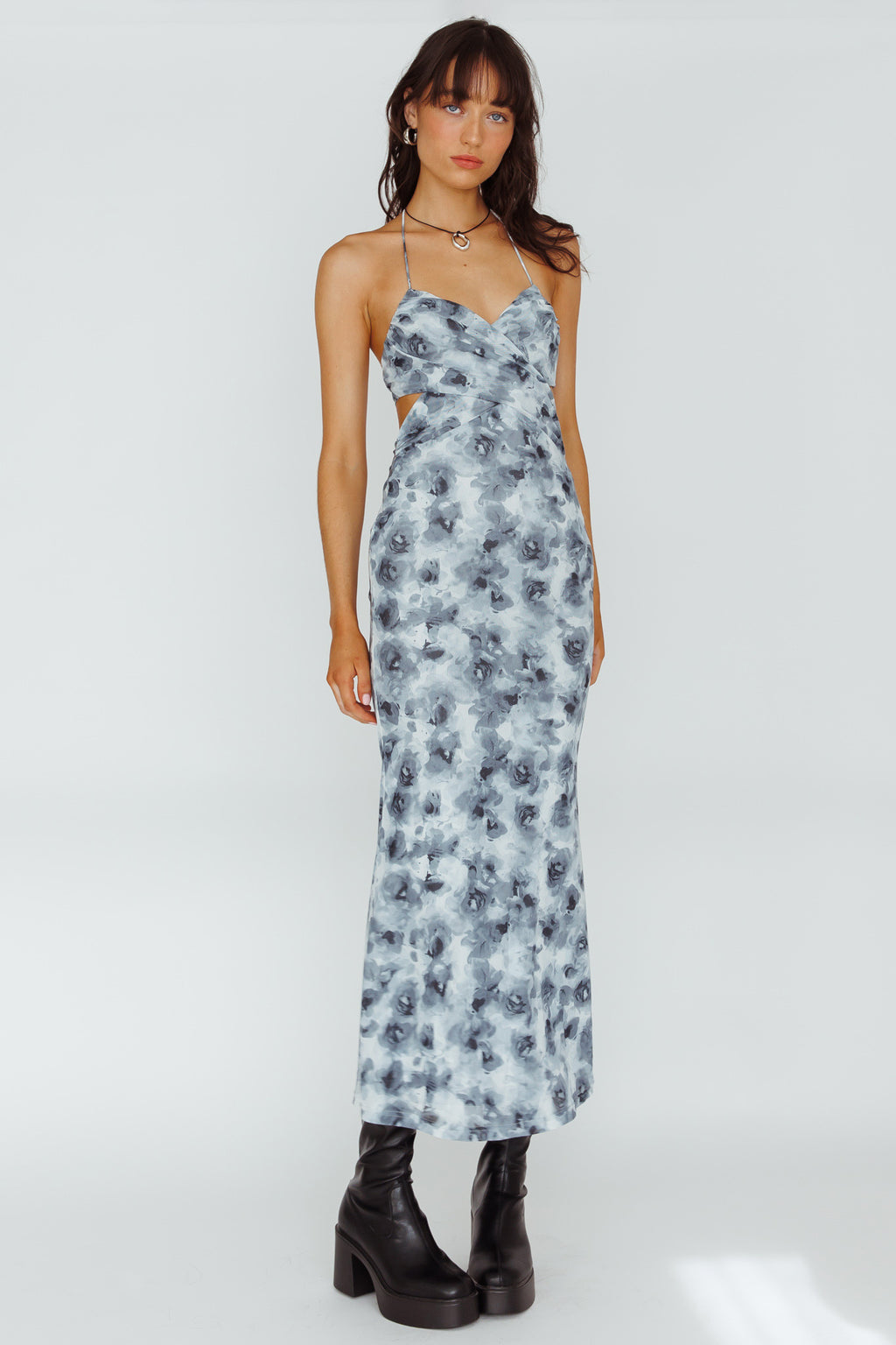 Alivia Tied Back Maxi Dress Floral Black by Selfie Leslie