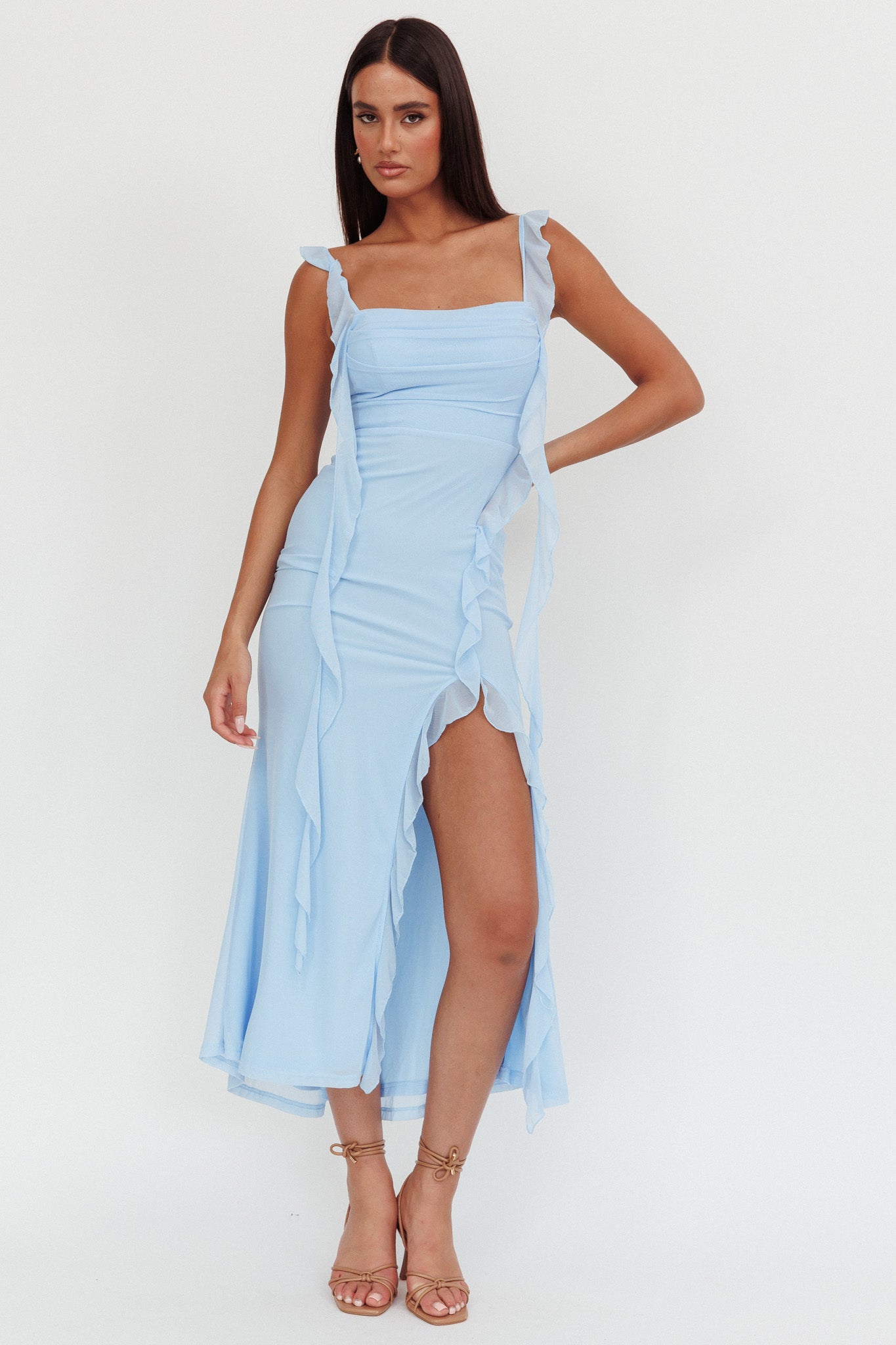 Blushing Ruffle Trim Maxi Dress Blue by Selfie Leslie