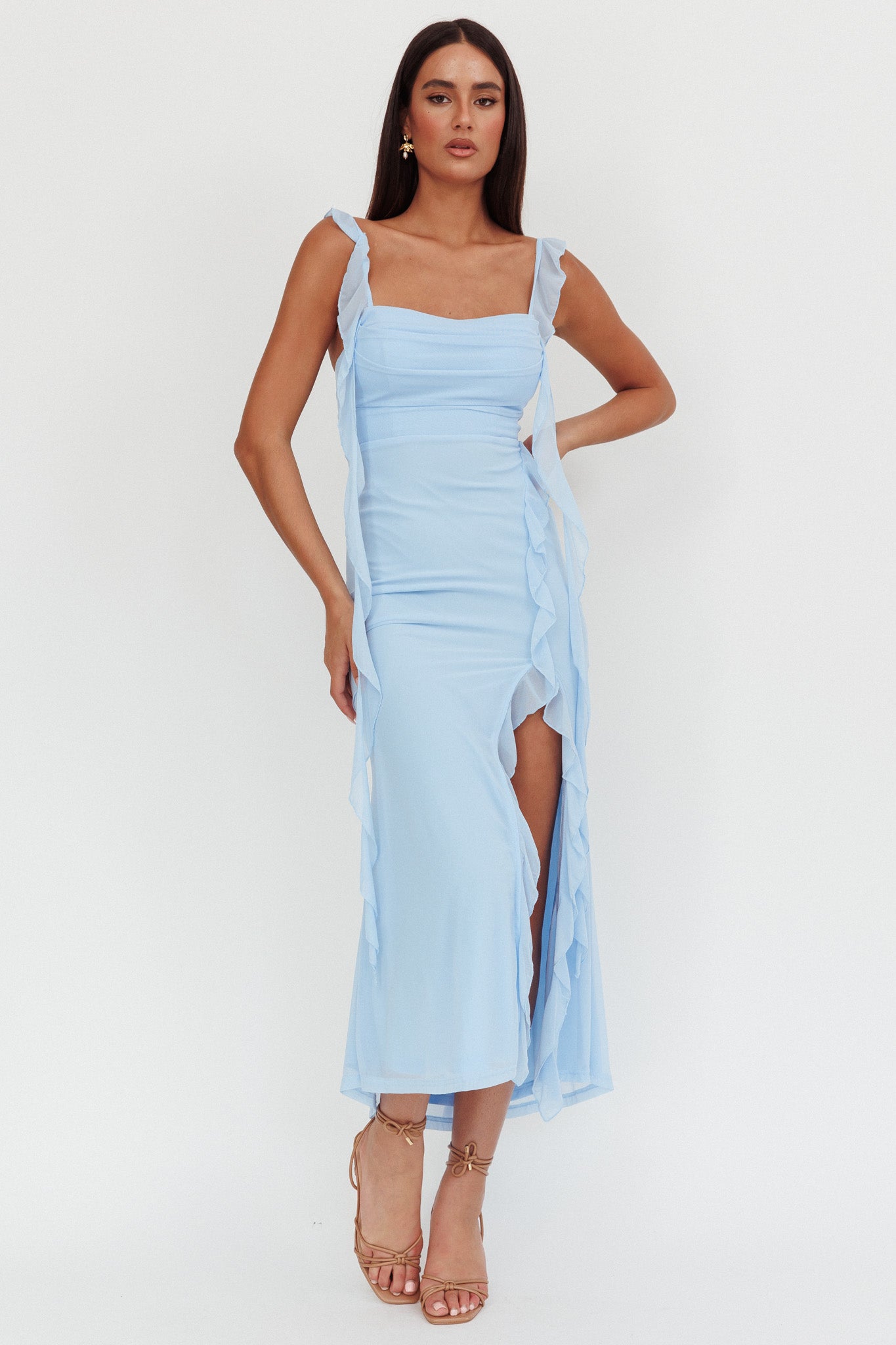 Blushing Ruffle Trim Maxi Dress Blue by Selfie Leslie