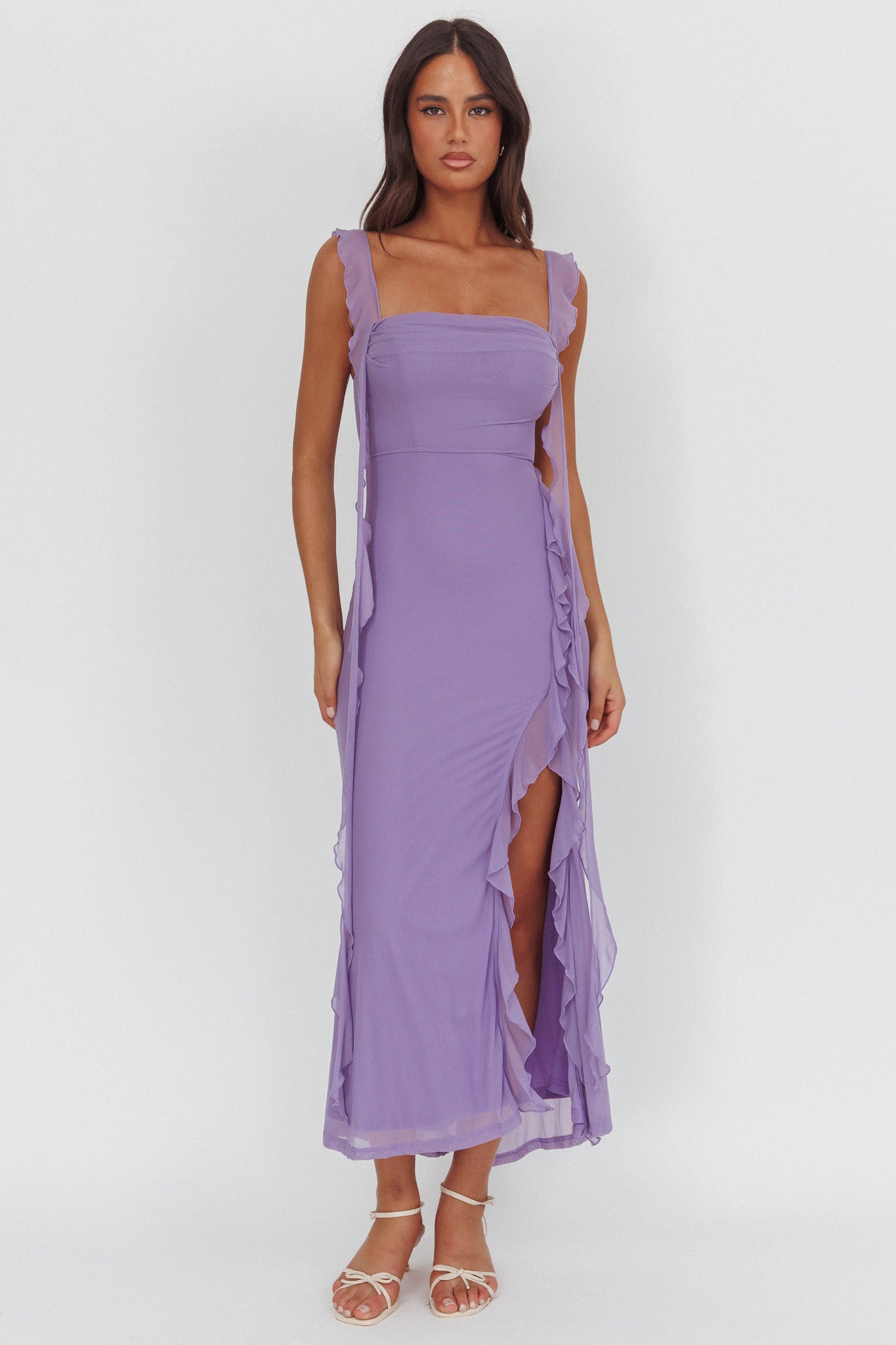 Blushing Ruffle Trim Maxi Dress Lilac by Selfie Leslie