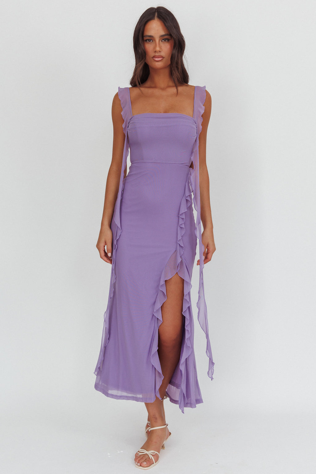 Blushing Ruffle Trim Maxi Dress Lilac by Selfie Leslie