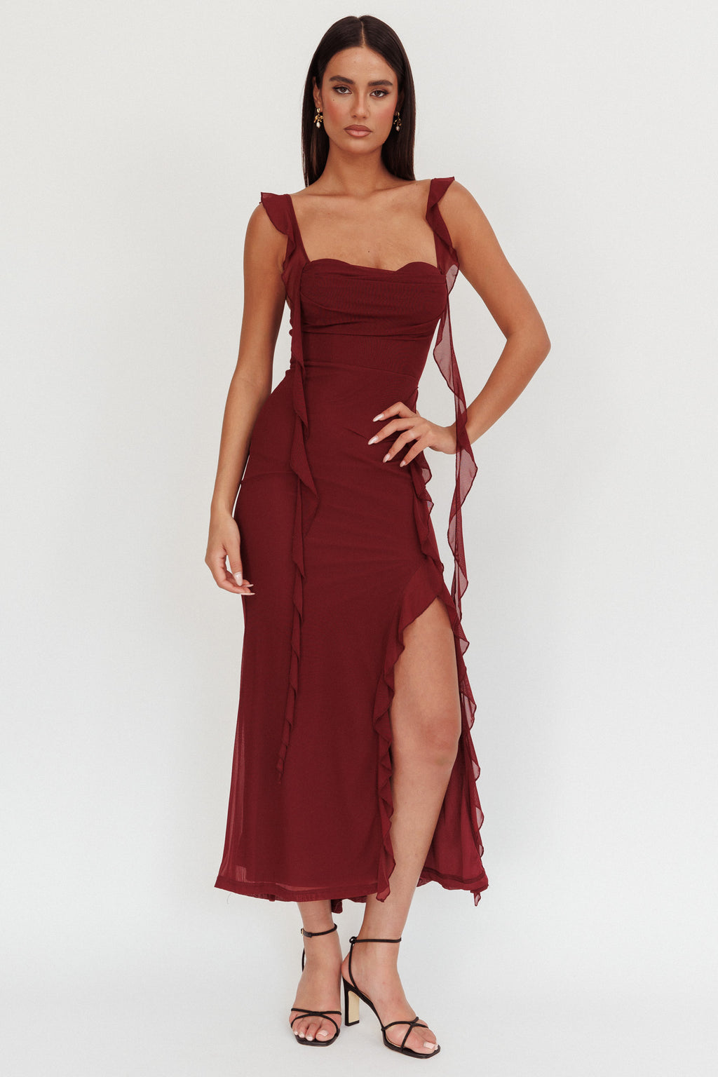 Blushing Ruffle Trim Maxi Dress Wine by Selfie Leslie