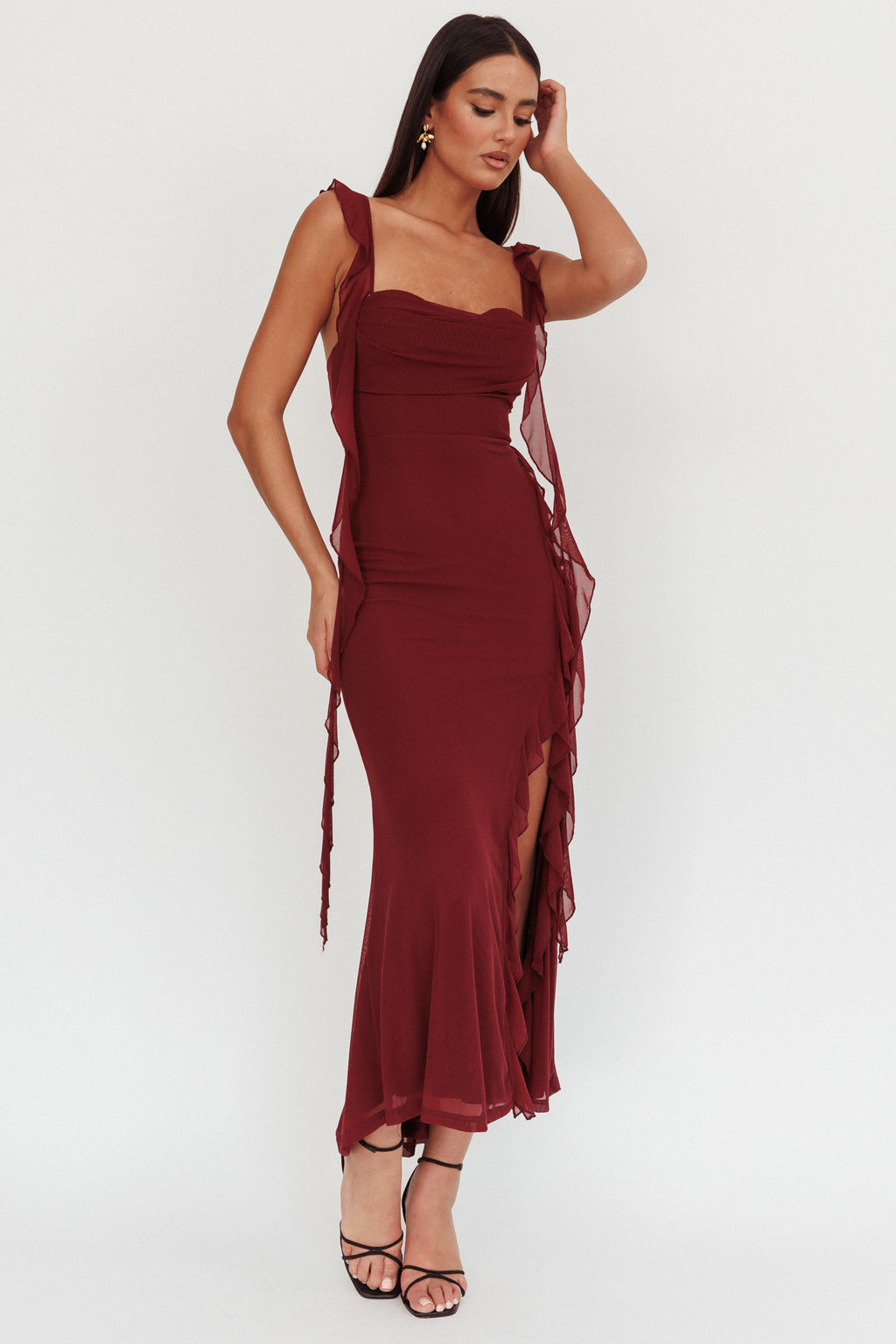 Blushing Ruffle Trim Maxi Dress Wine by Selfie Leslie
