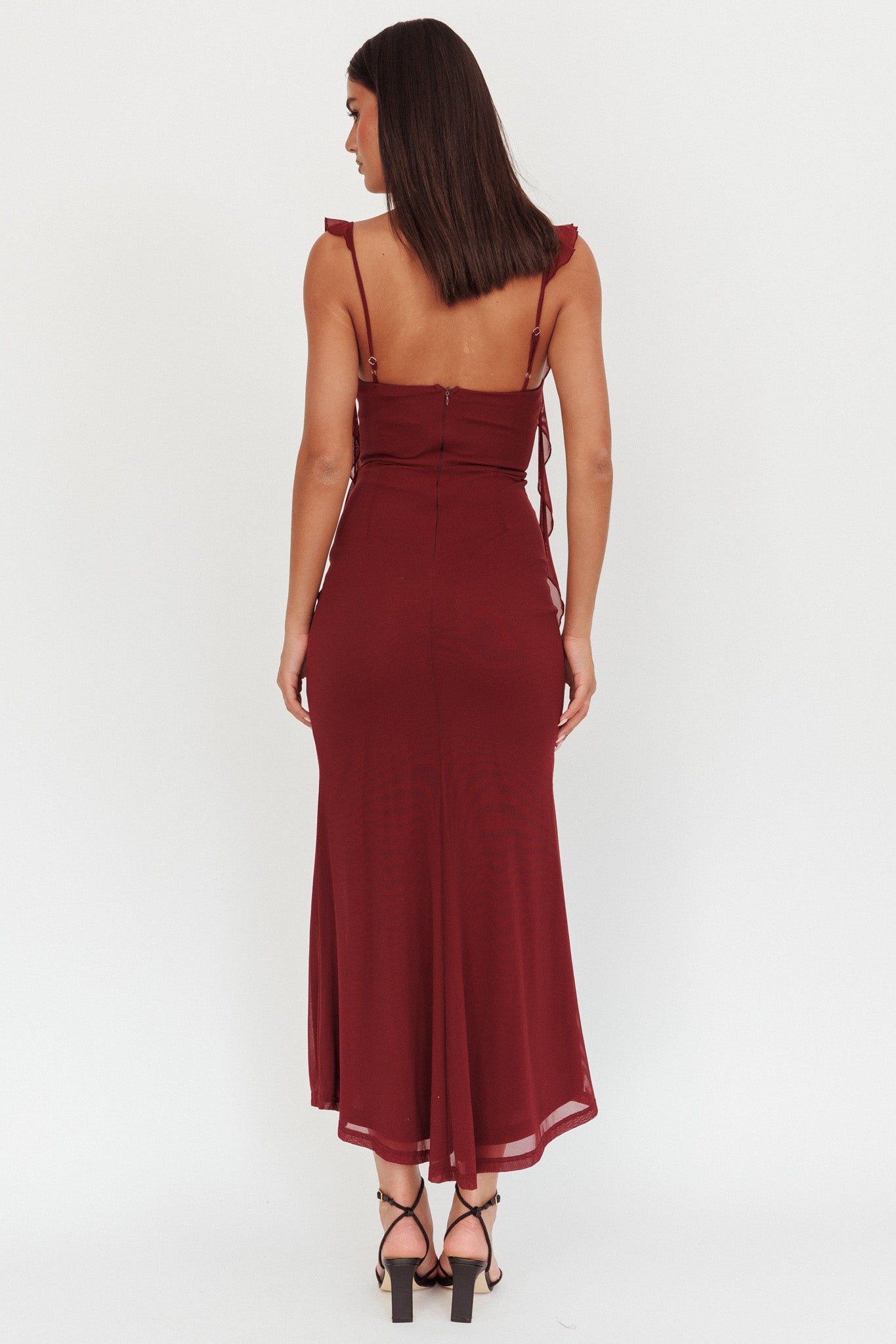 Blushing Ruffle Trim Maxi Dress Wine by Selfie Leslie