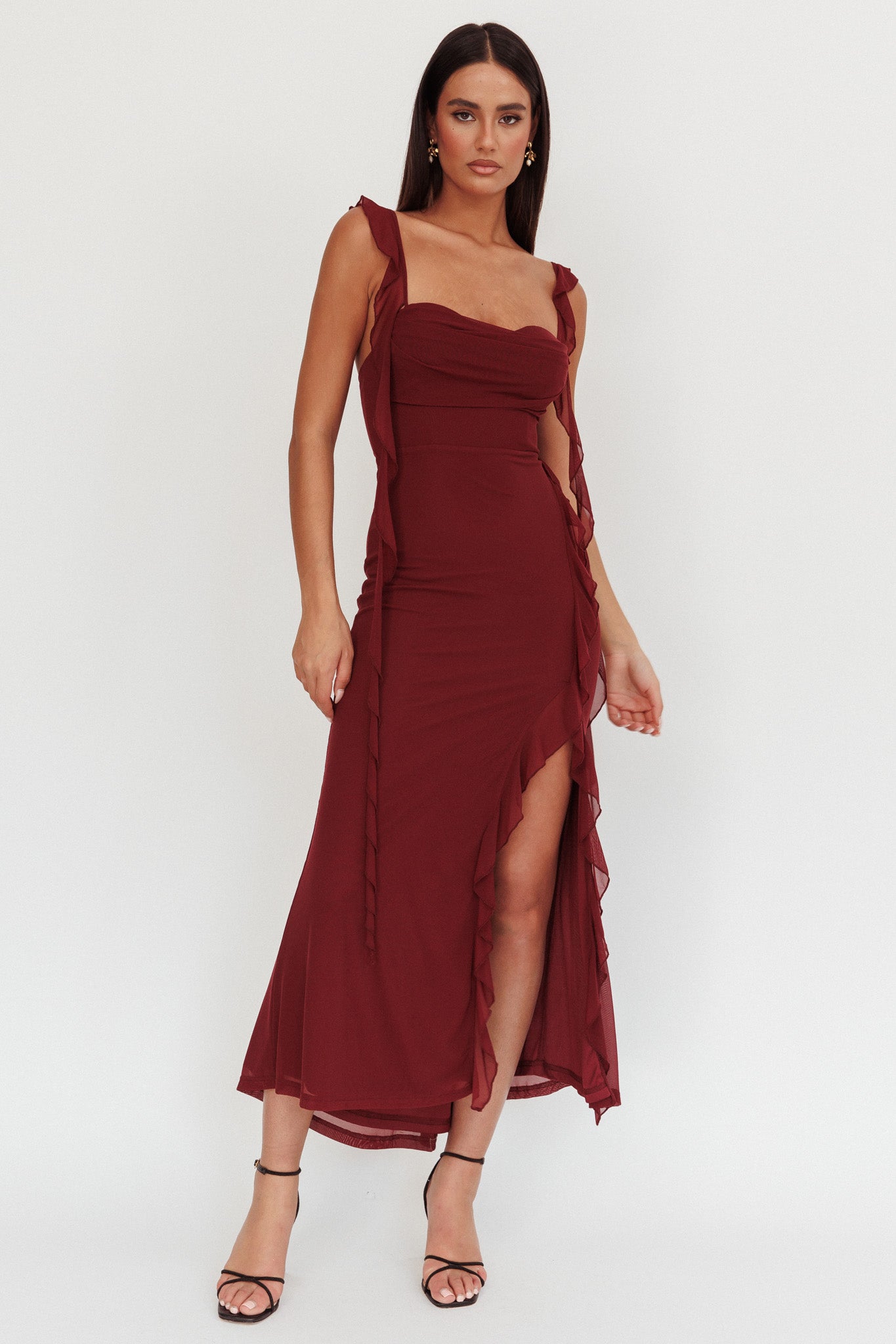 Blushing Ruffle Trim Maxi Dress Wine by Selfie Leslie