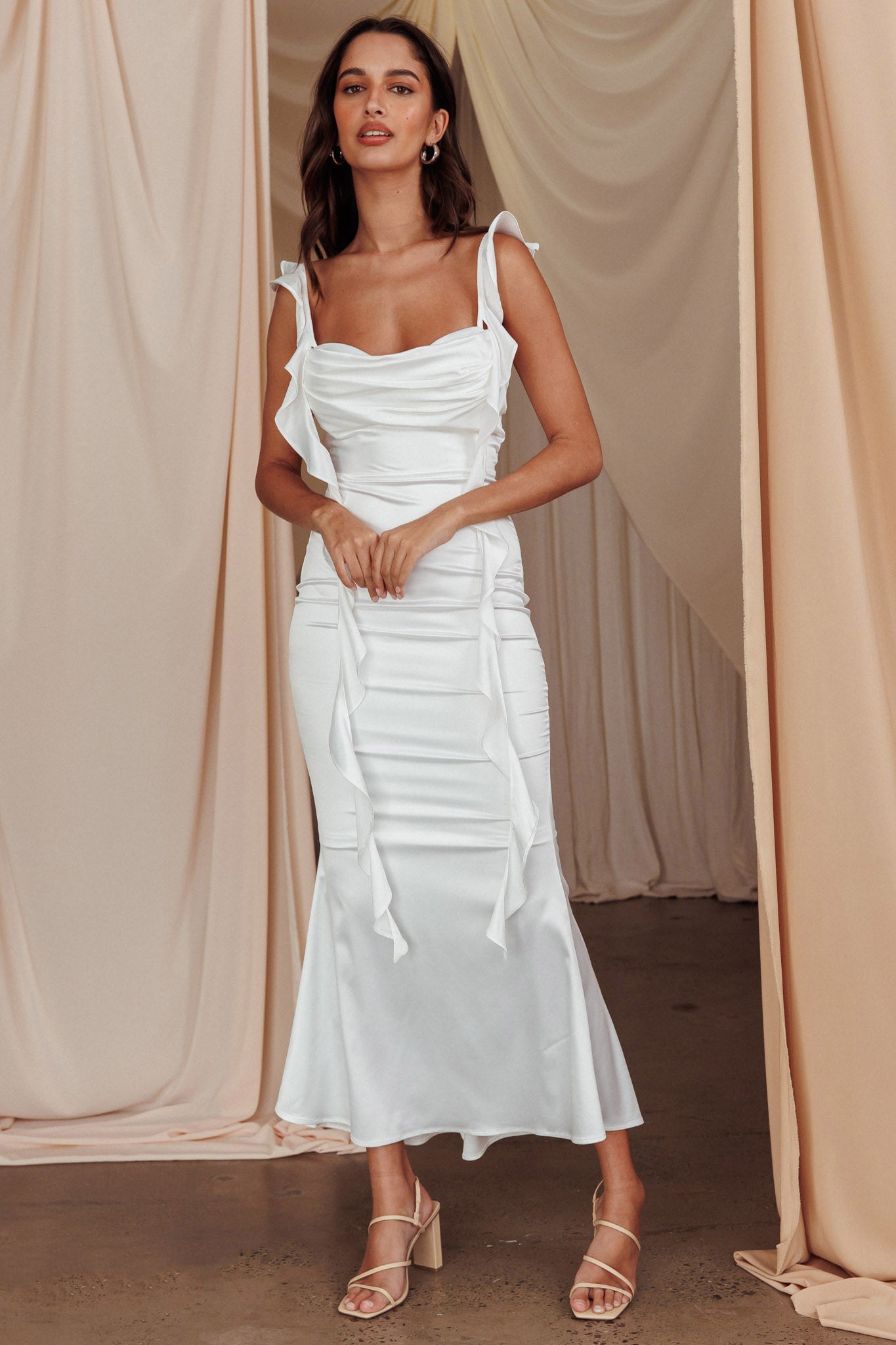 Blushing Ruffle Trim Midi Dress Oyster by Selfie Leslie