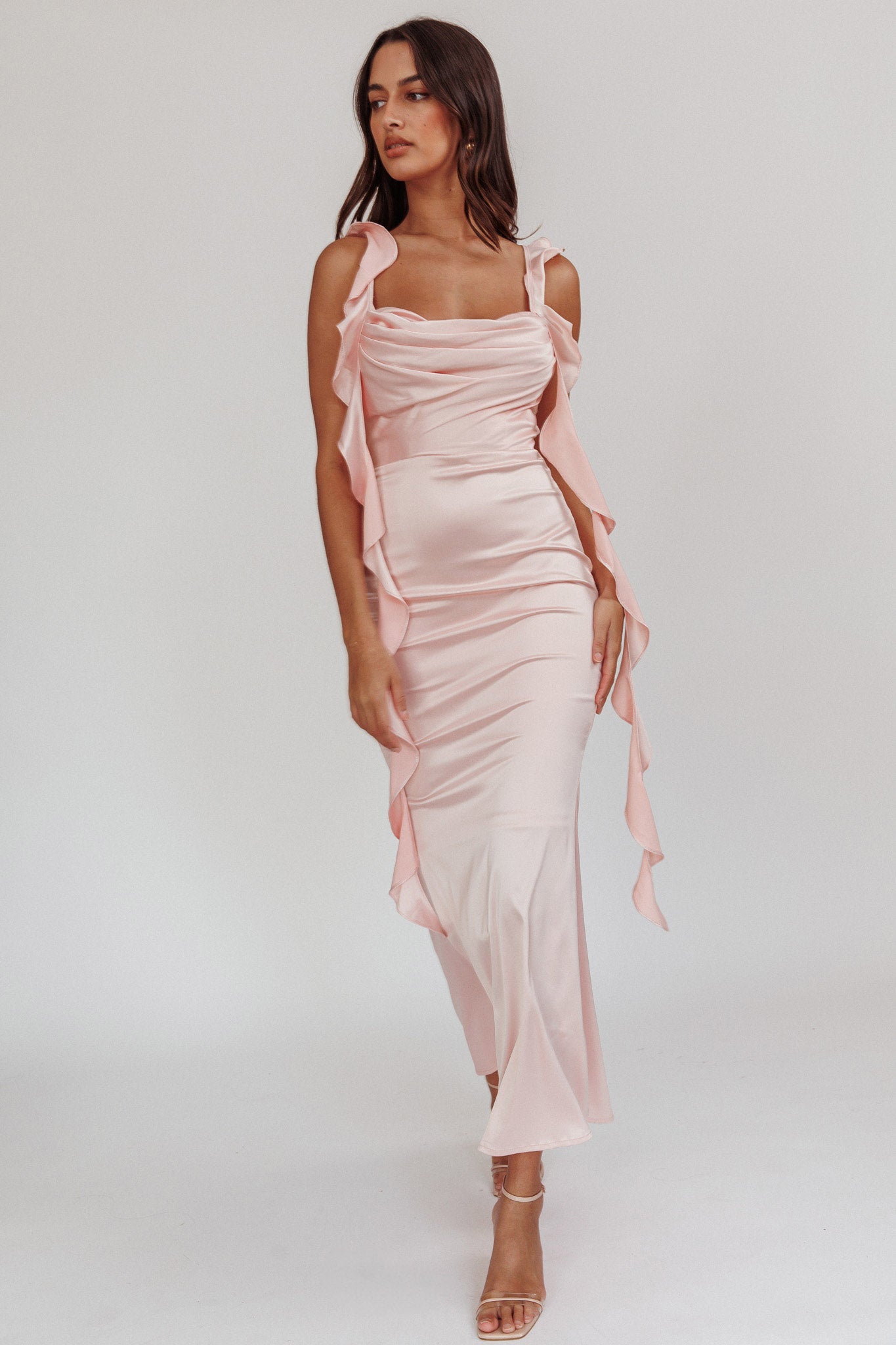 Blushing Ruffle Trim Midi Dress Baby Pink by Selfie Leslie