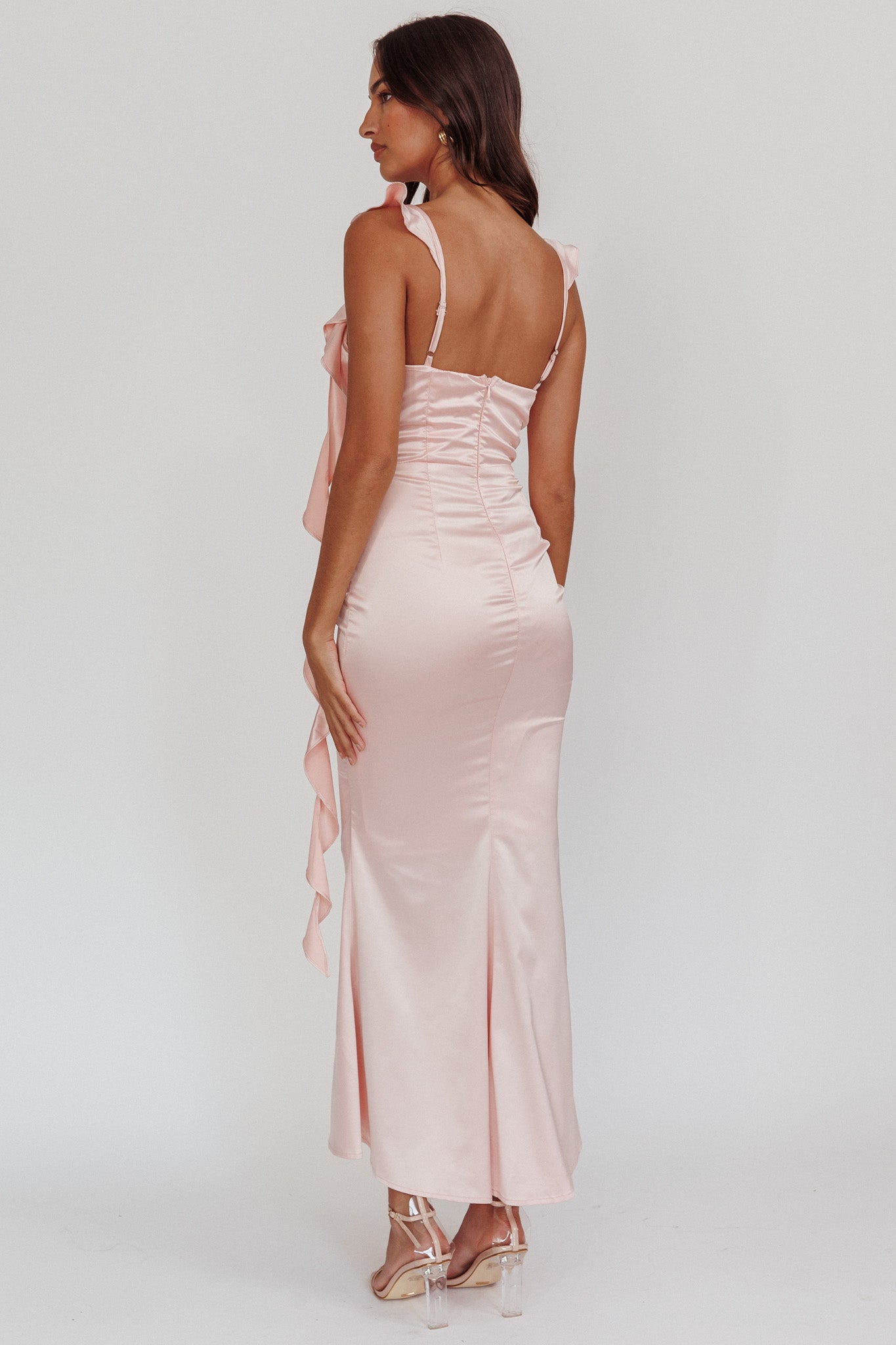 Blushing Ruffle Trim Midi Dress Baby Pink Blushing Ruffle Trim Midi Dress Baby Pink