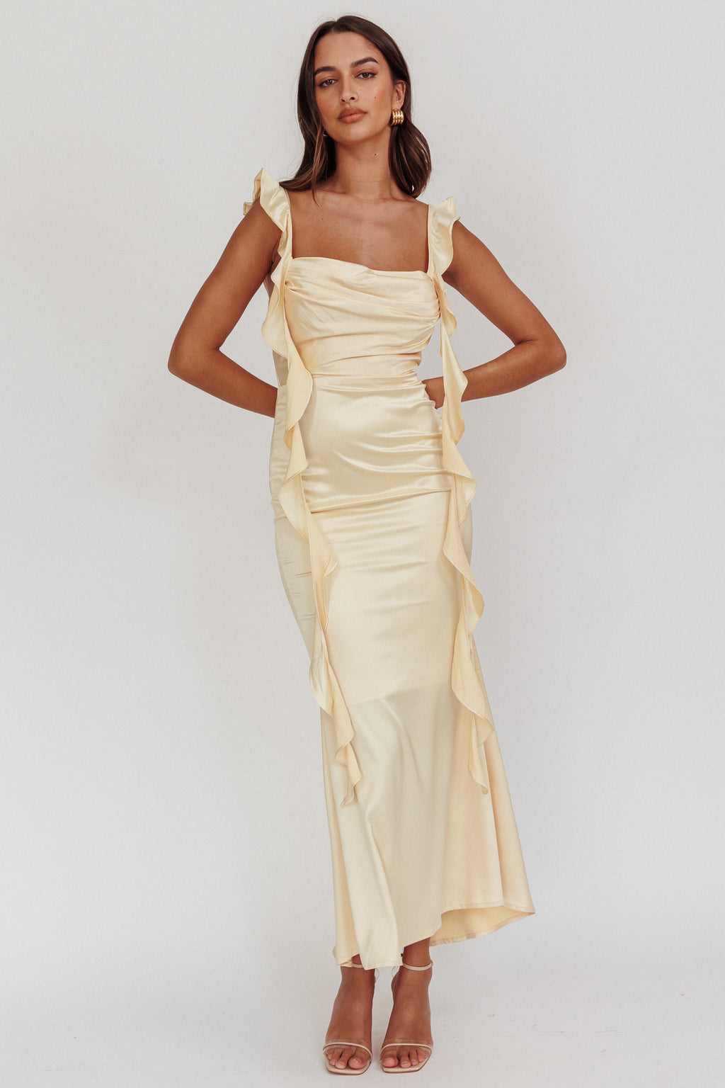 Blushing Ruffle Trim Midi Dress Butter by Selfie Leslie