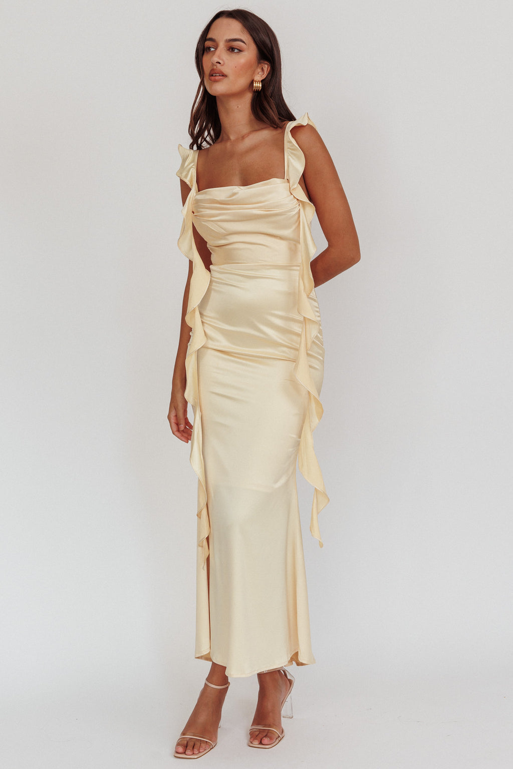 Blushing Ruffle Trim Midi Dress Butter by Selfie Leslie