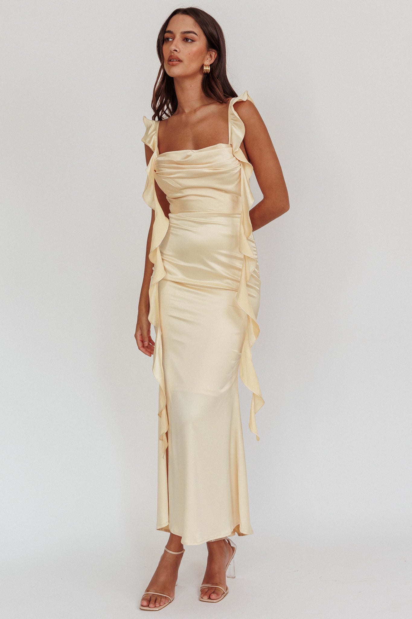 Blushing Ruffle Trim Midi Dress Butter by Selfie Leslie
