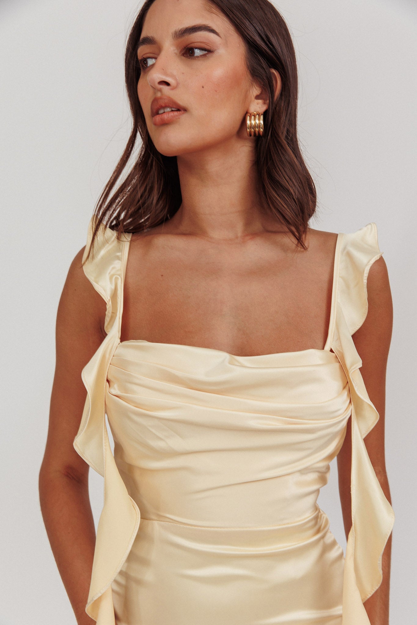Blushing Ruffle Trim Midi Dress Butter by Selfie Leslie