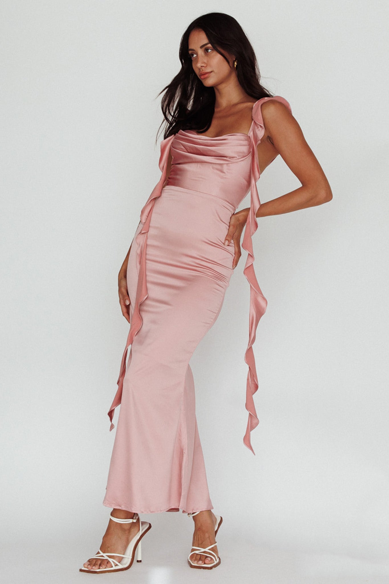 Blushing Ruffle Trim Midi Dress Mauve by Selfie Leslie