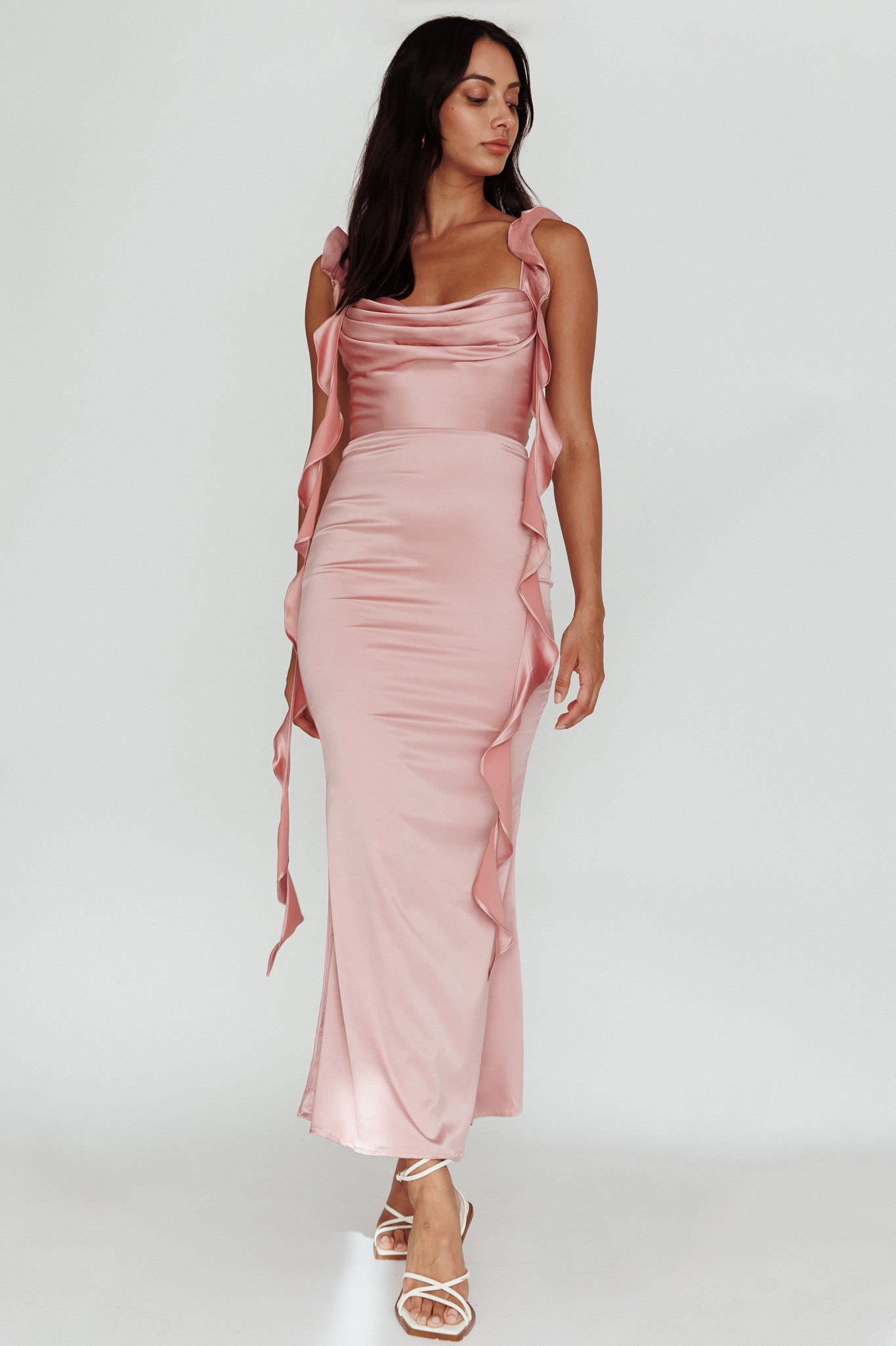 Blushing Ruffle Trim Midi Dress Mauve Blushing Ruffle Trim Midi Dress Mauve