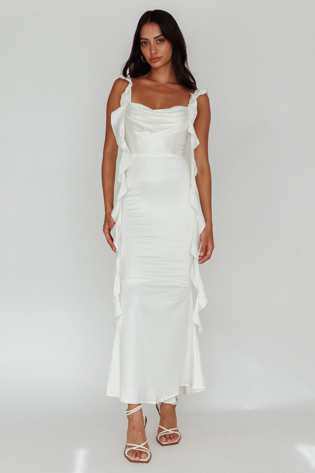 Blushing Ruffle Trim Midi Dress Oyster by Selfie Leslie