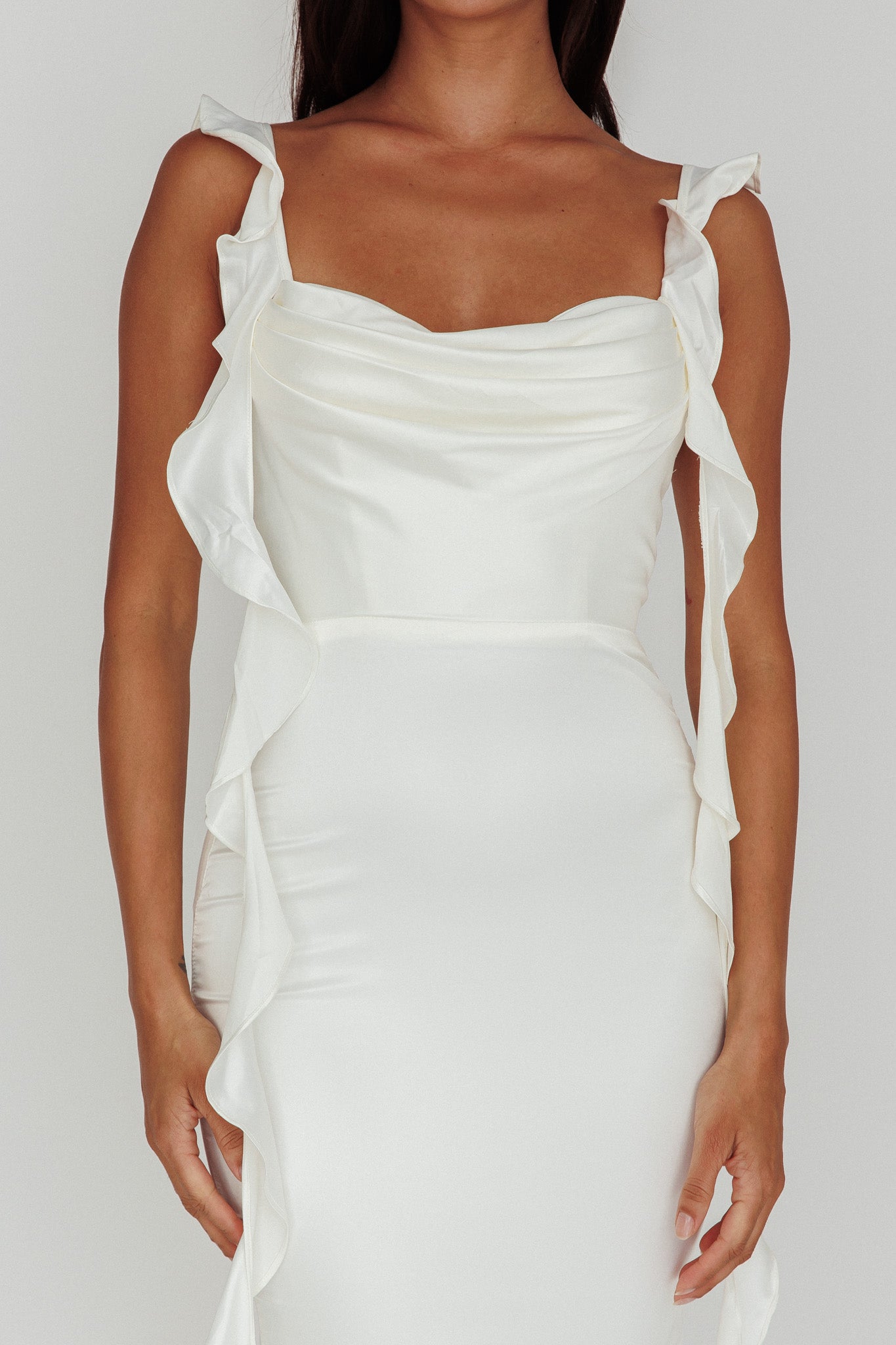 Blushing Ruffle Trim Midi Dress Oyster by Selfie Leslie