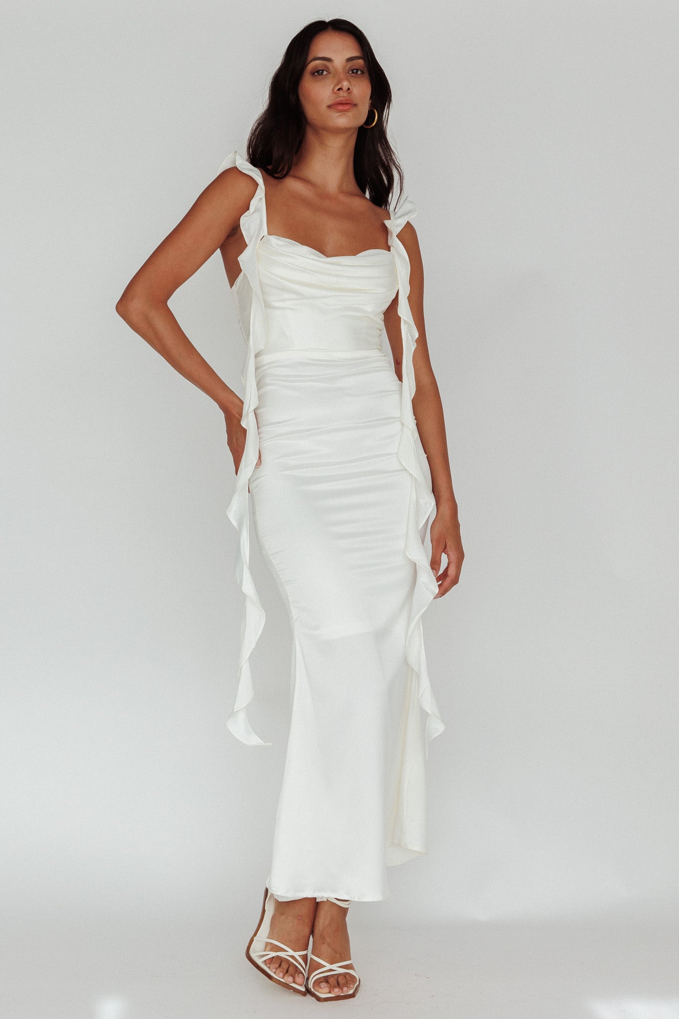 Blushing Ruffle Trim Midi Dress Oyster by Selfie Leslie