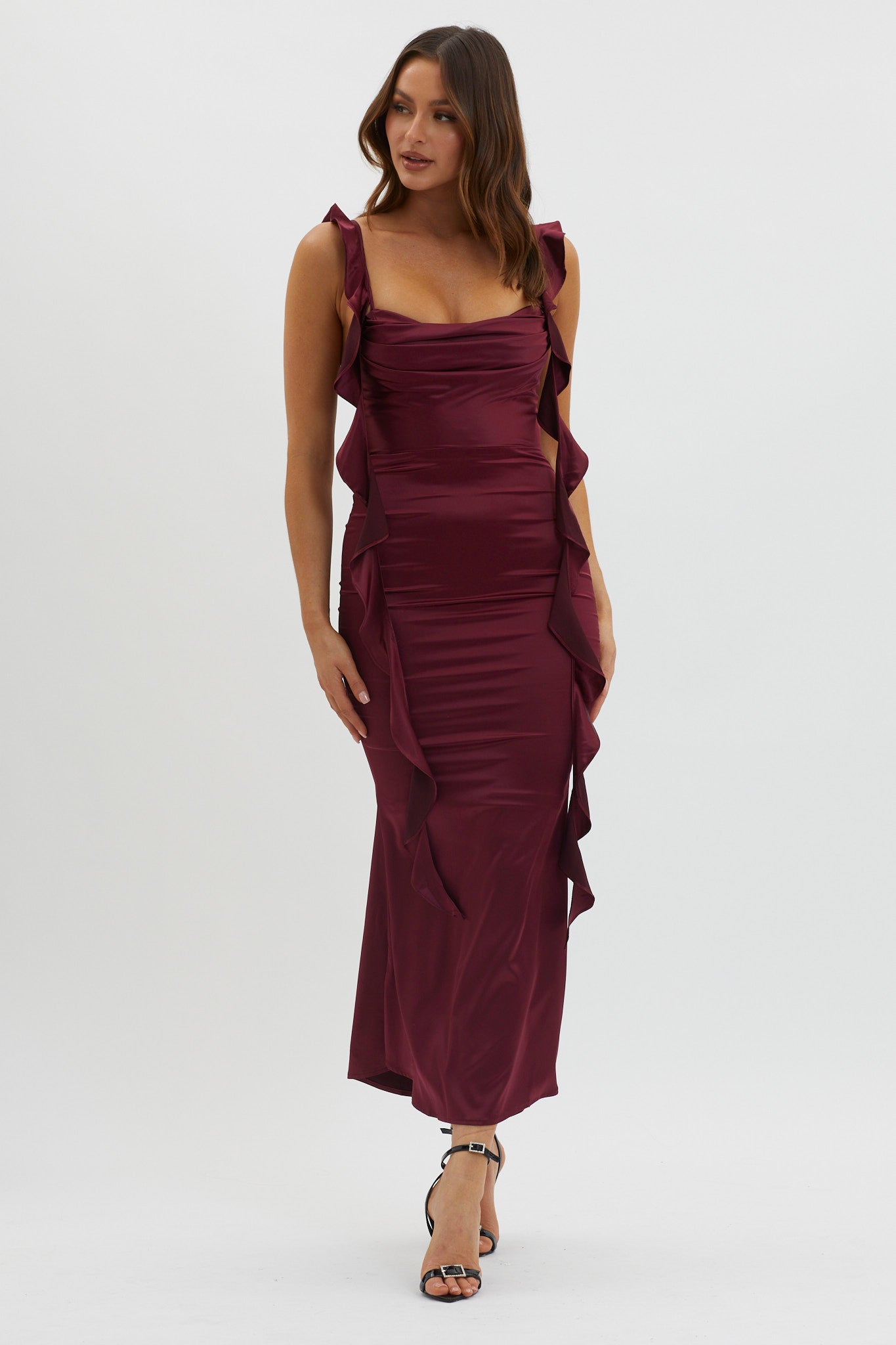 Wine Ruffle Split Leg Midi Dress