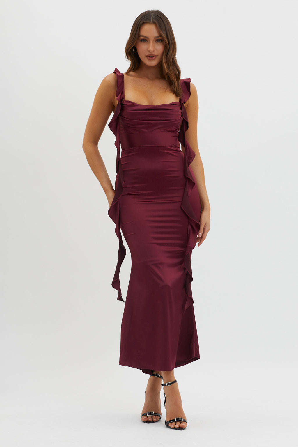 Blushing Ruffle Trim Midi Dress Wine by Selfie Leslie
