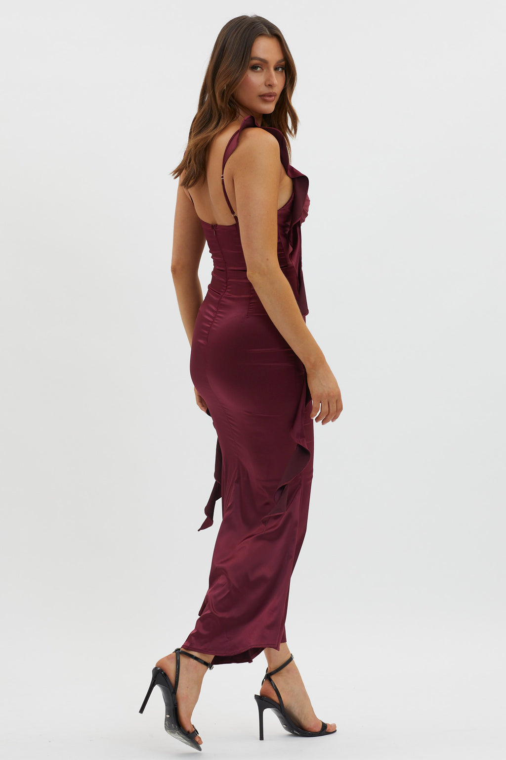 Blushing Ruffle Trim Midi Dress Wine by Selfie Leslie
