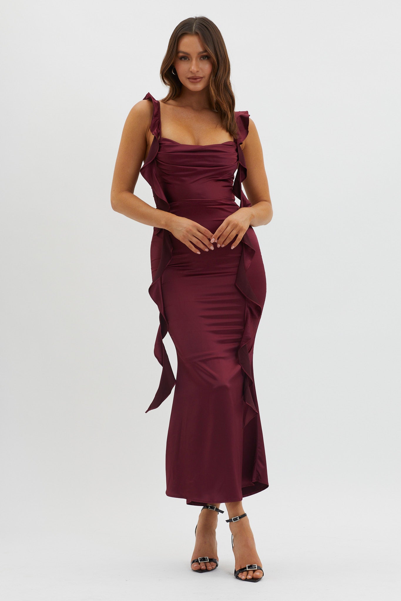 Blushing Ruffle Trim Midi Dress Wine by Selfie Leslie