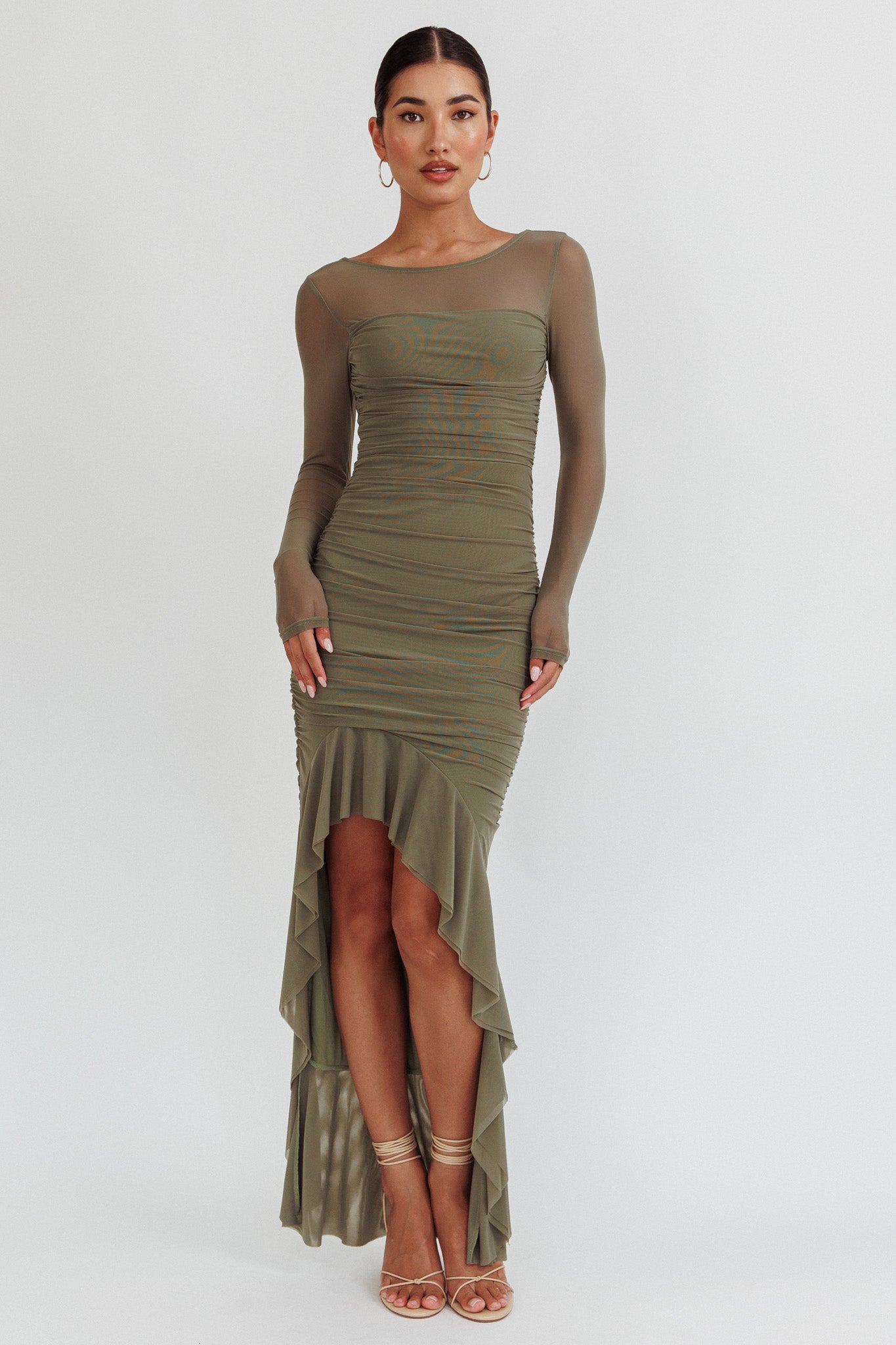 Jozelle Long Sleeve Ruched Maxi Dress Olive by Selfie Leslie