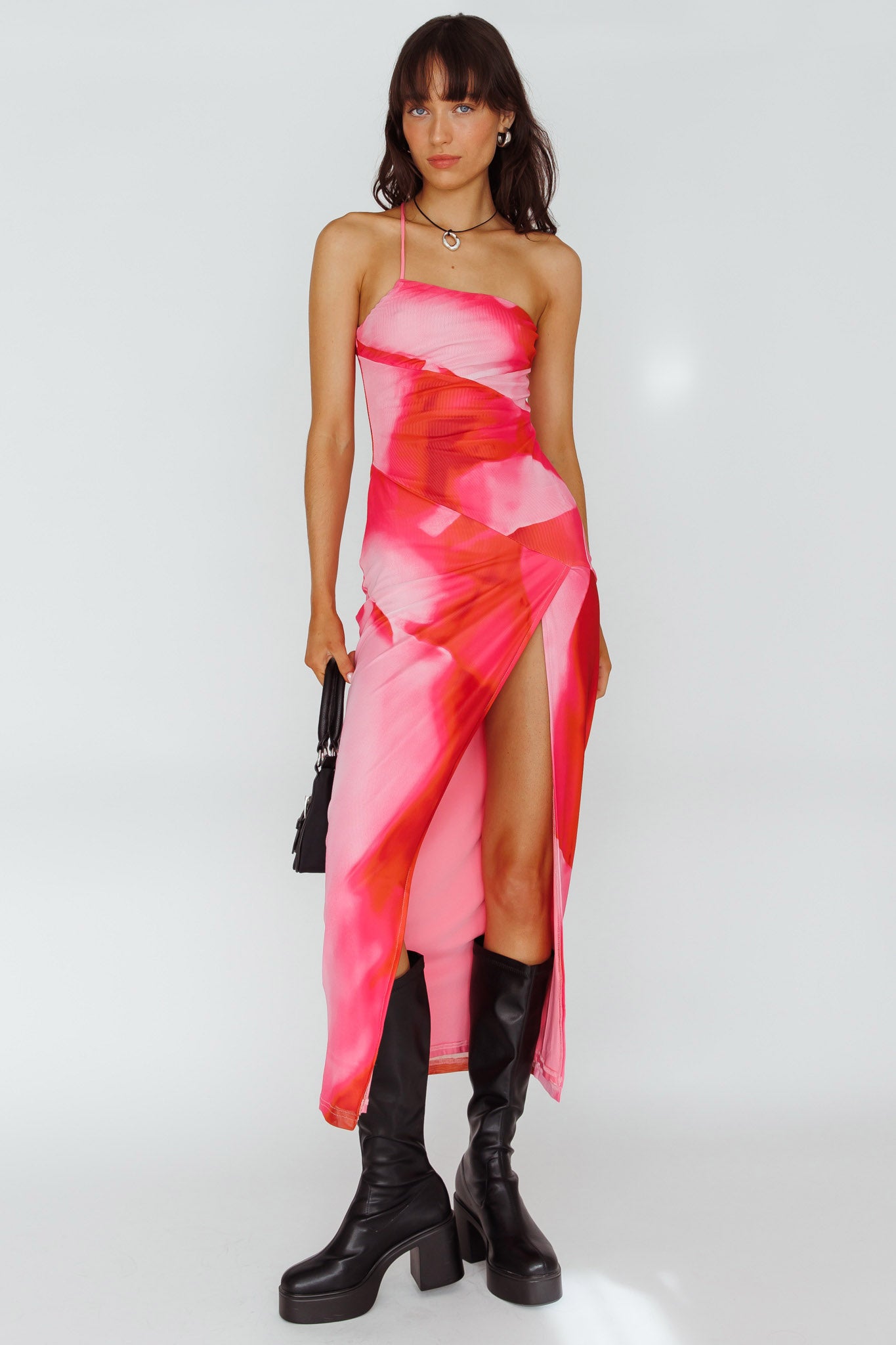 Martine One Strap Mesh Midi Dress Print Pink by Selfie Leslie