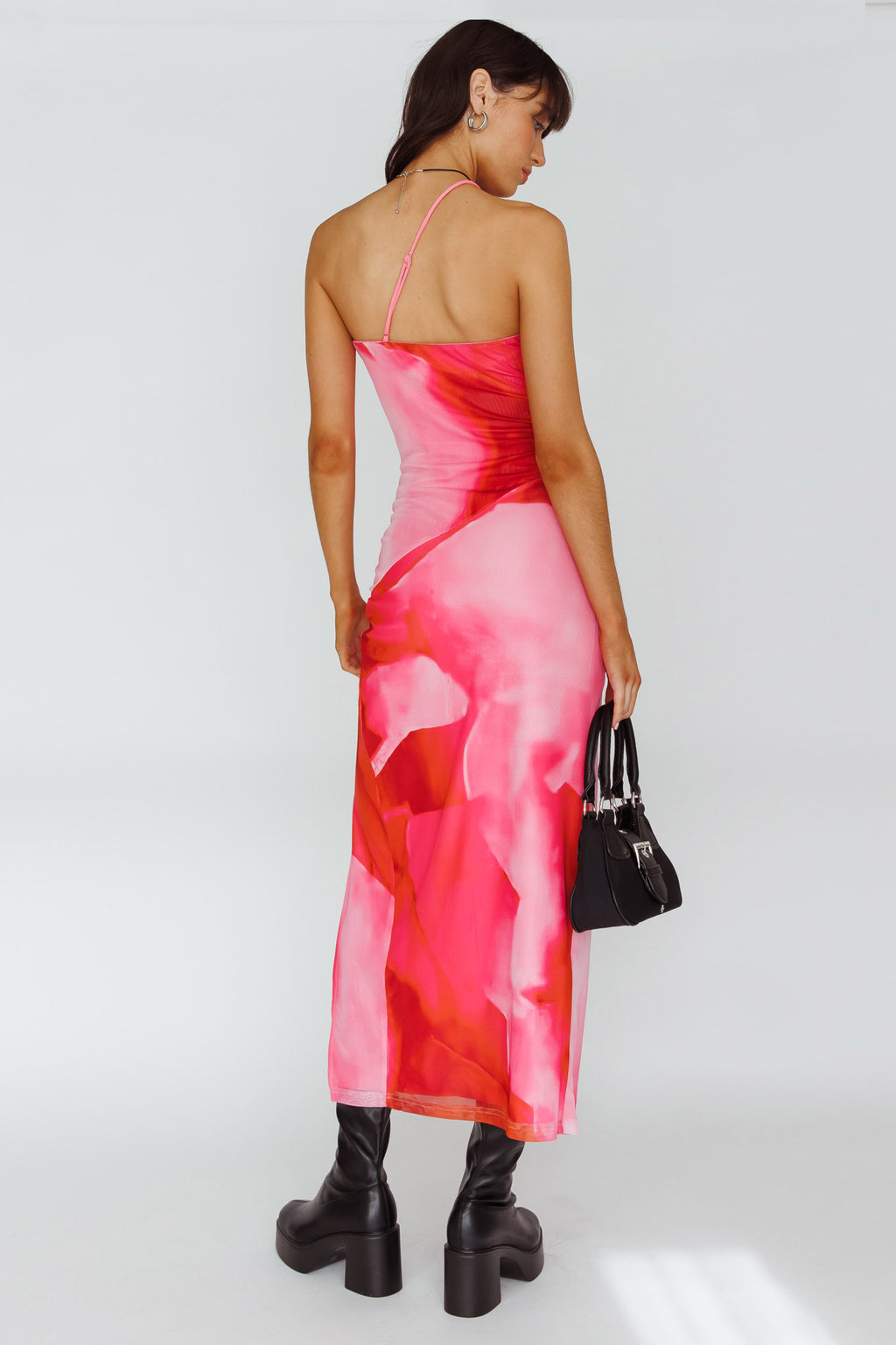 Martine One Strap Mesh Midi Dress Print Pink by Selfie Leslie