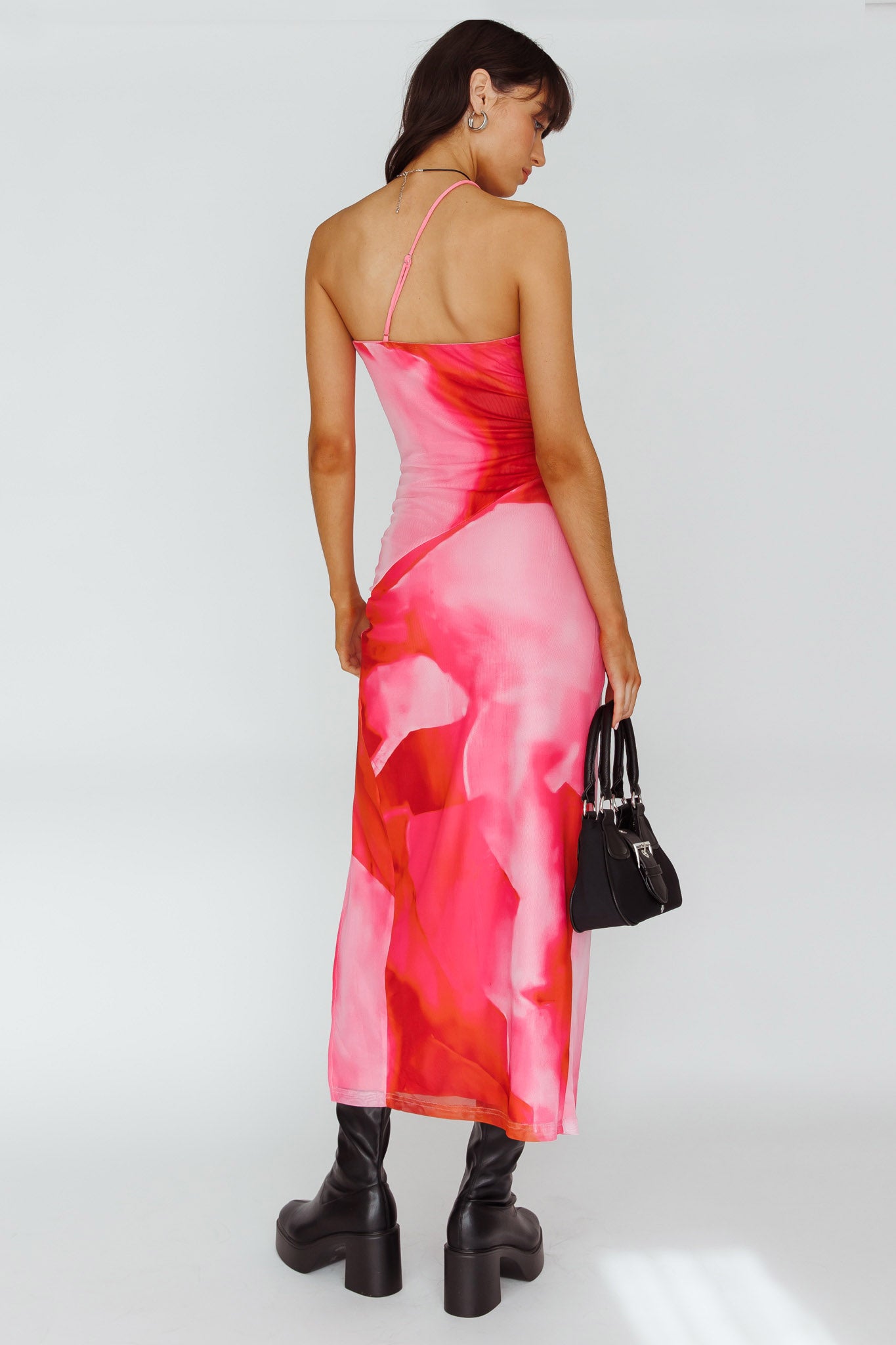 Martine One Strap Mesh Midi Dress Print Pink by Selfie Leslie