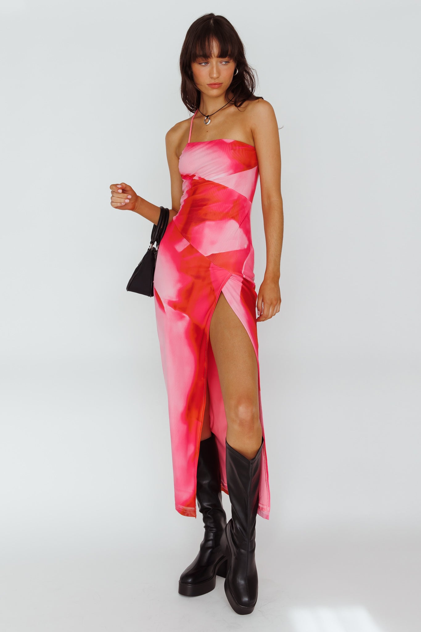 Martine One Strap Mesh Midi Dress Print Pink by Selfie Leslie