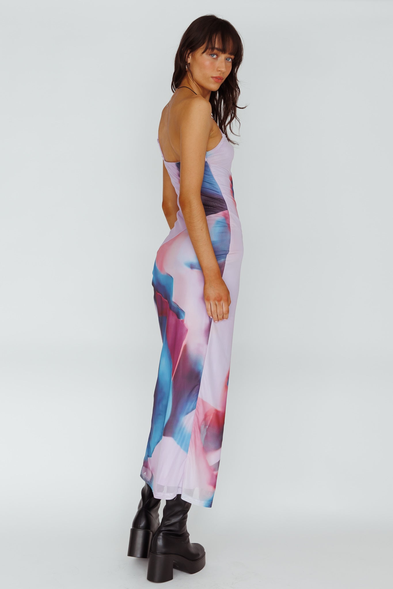 martine midi dress Martine One Strap Mesh Midi Dress Print Plum
