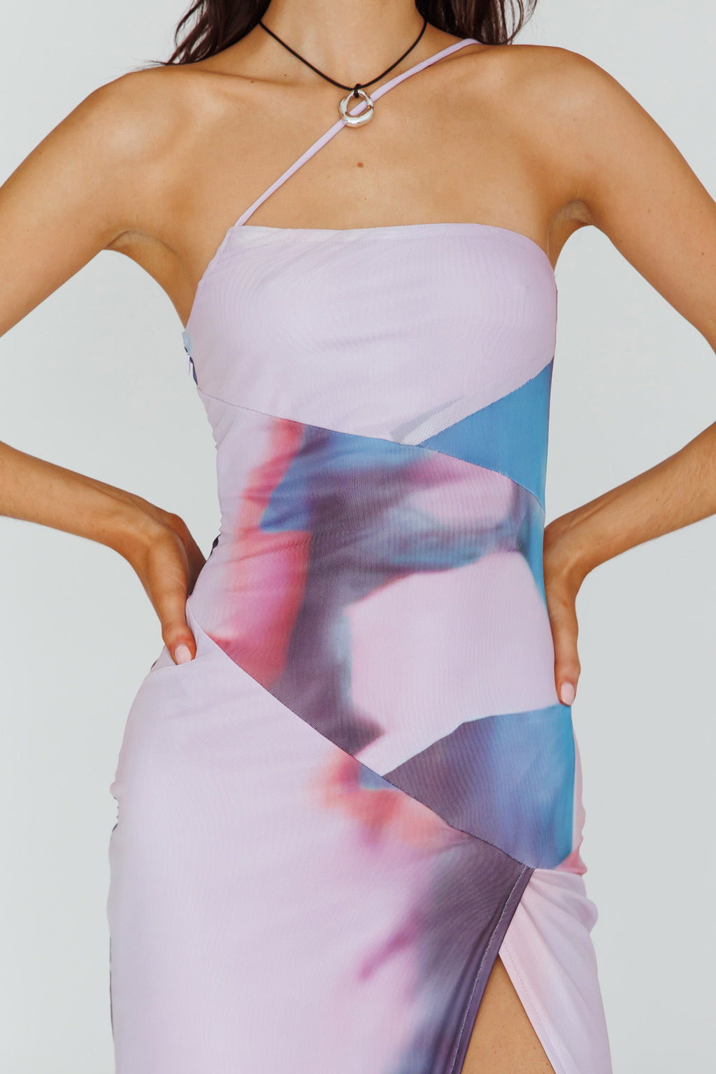 Martine One Strap Mesh Midi Dress Print Plum by Selfie Leslie