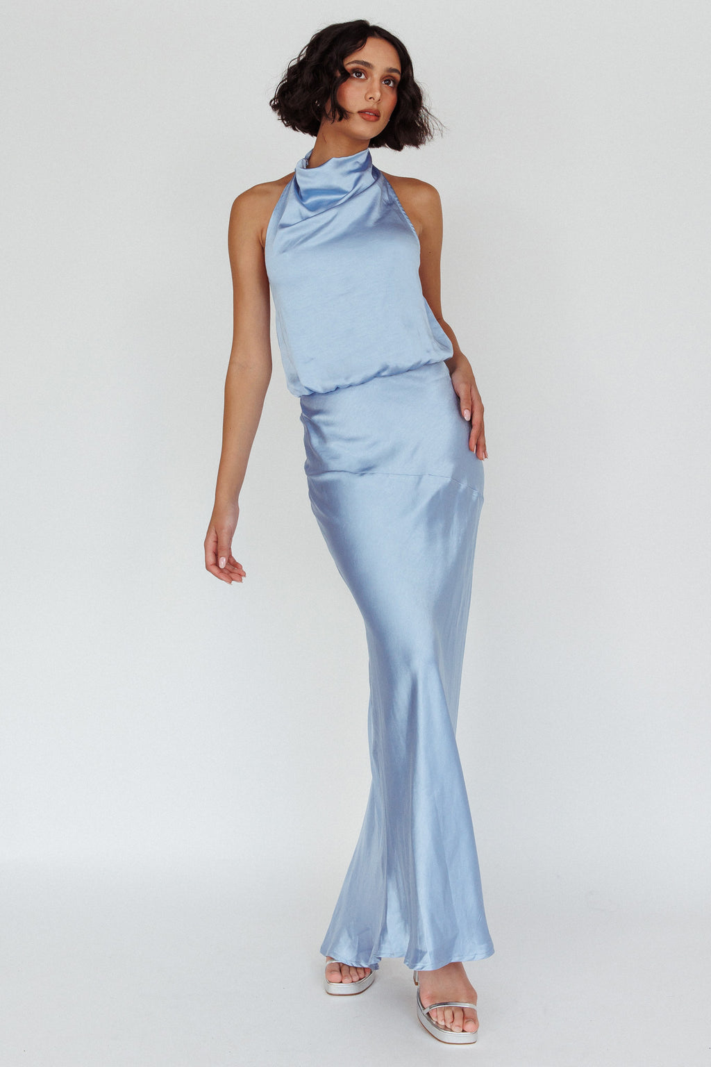 Amalfi Sunset Cowl Halterneck Maxi Dress Sky by Selfie Leslie