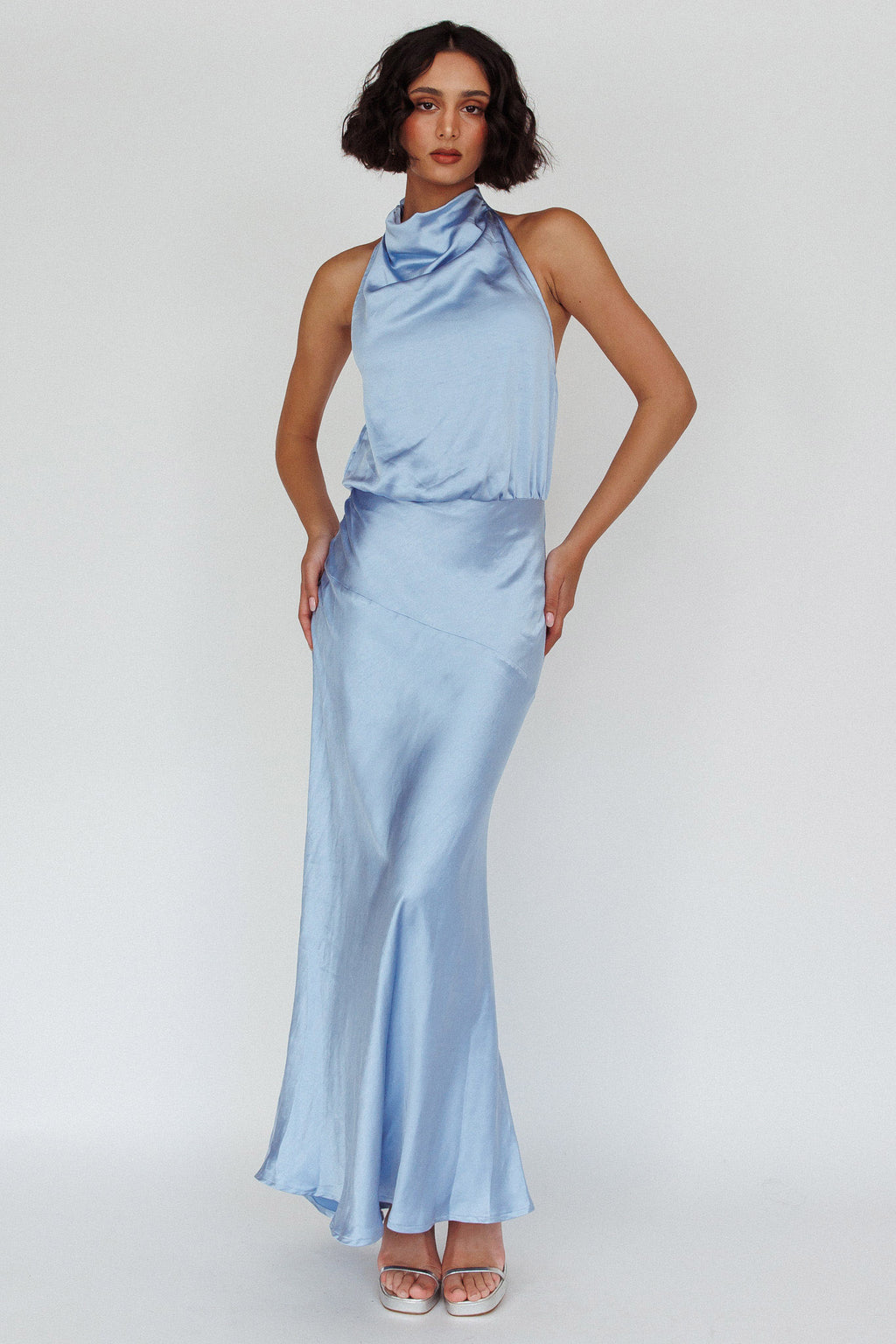 Amalfi Sunset Cowl Halterneck Maxi Dress Sky by Selfie Leslie