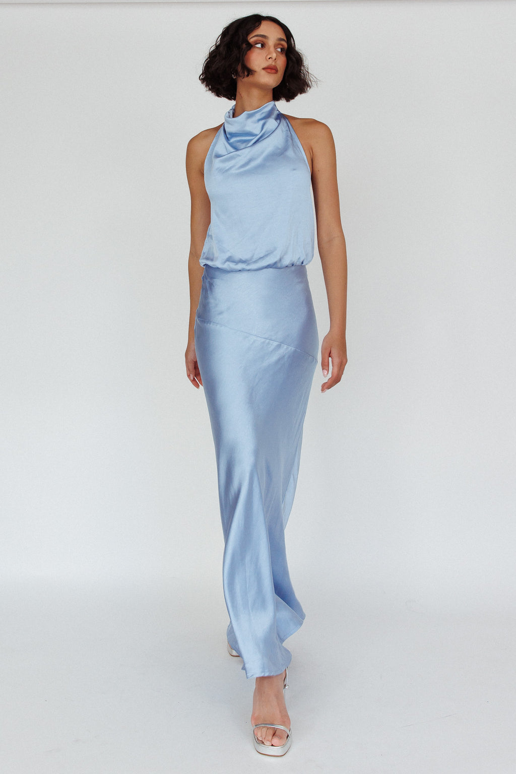 Amalfi Sunset Cowl Halterneck Maxi Dress Sky by Selfie Leslie