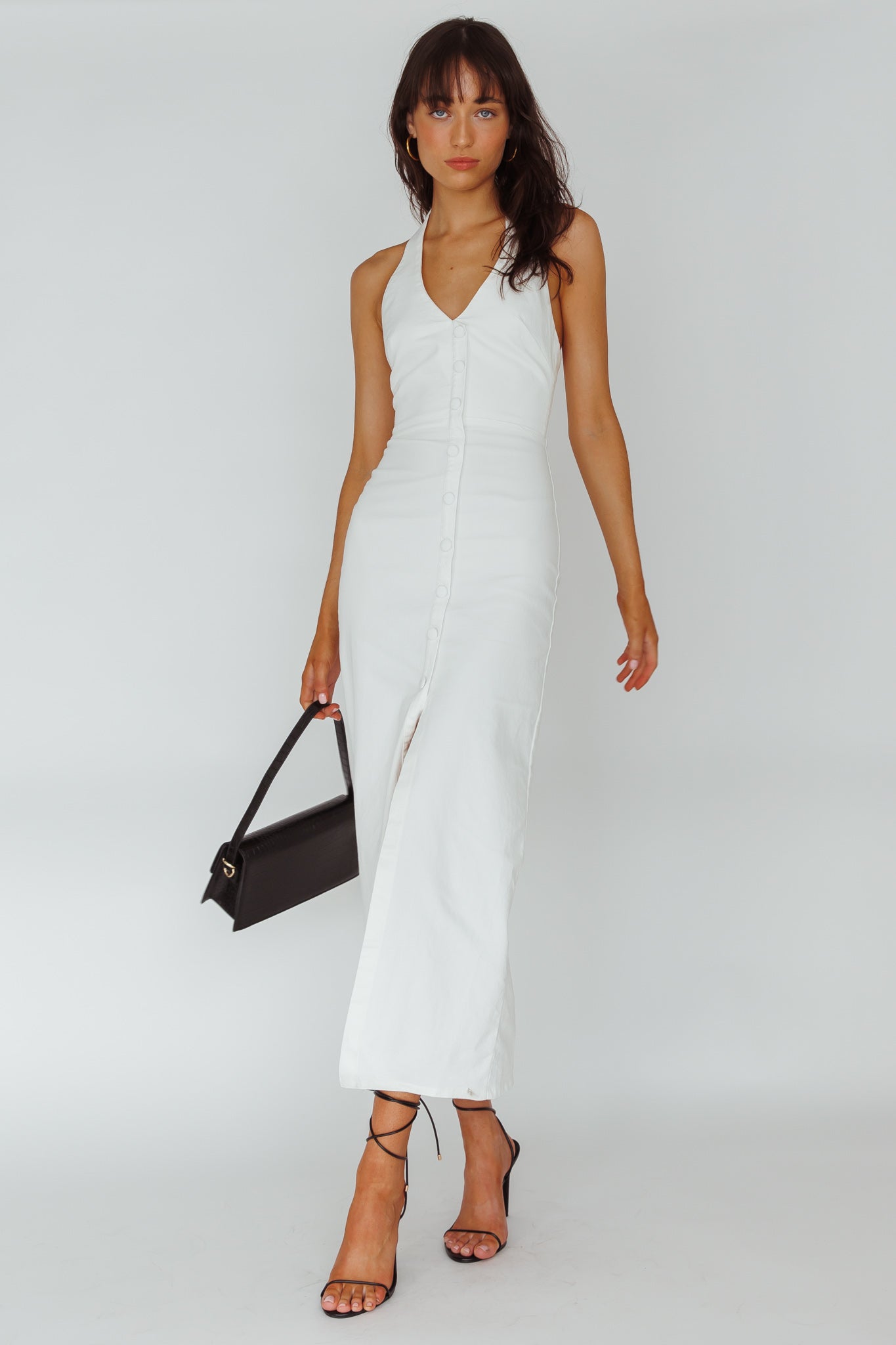 Renita Halterneck Button Maxi Dress White by Selfie Leslie