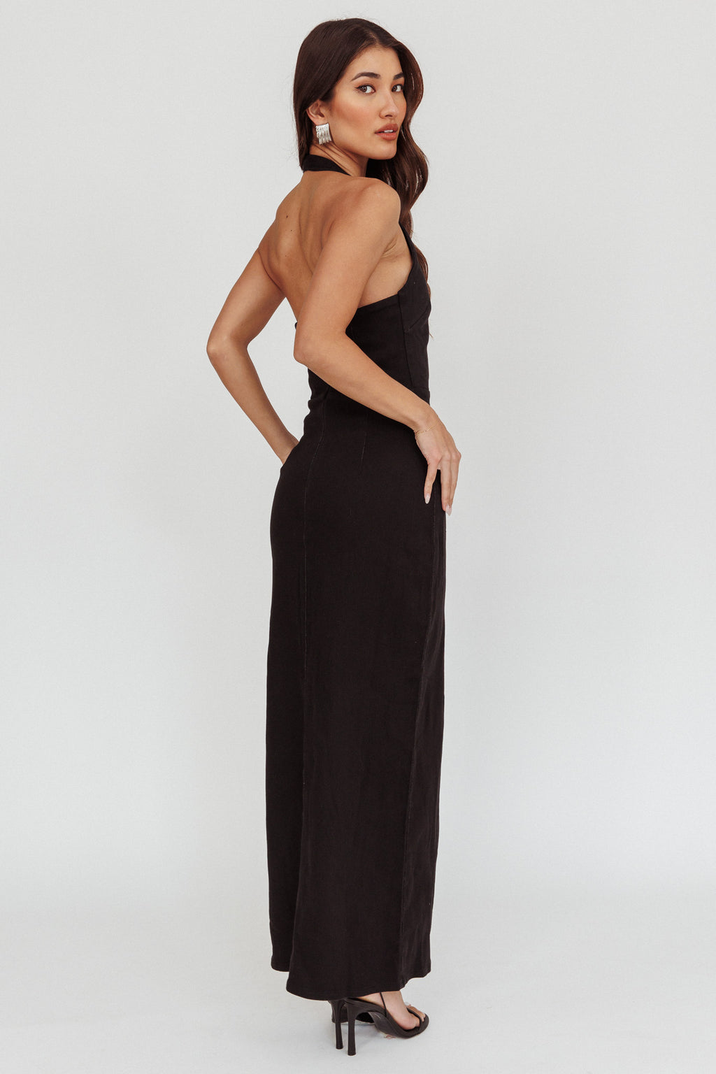 Renita Halterneck Button Maxi Dress Black by Selfie Leslie