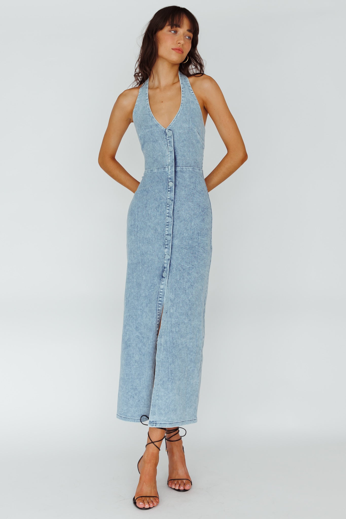 Renita Halterneck Button Maxi Dress Denim Blue by Selfie Leslie