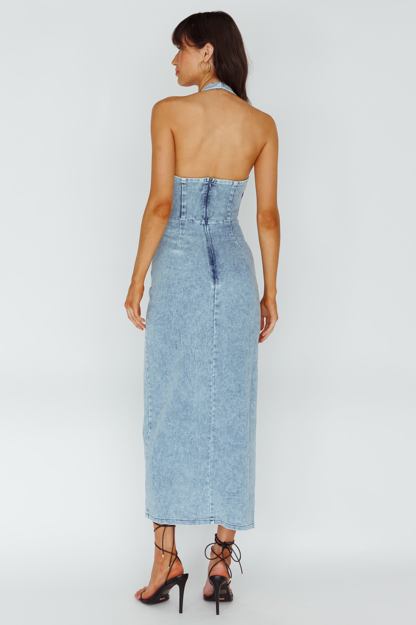 Renita Halterneck Button Maxi Dress Denim Blue Selfie Leslie Renita Halterneck Button Maxi Dress Denim Blue Selfie Leslie