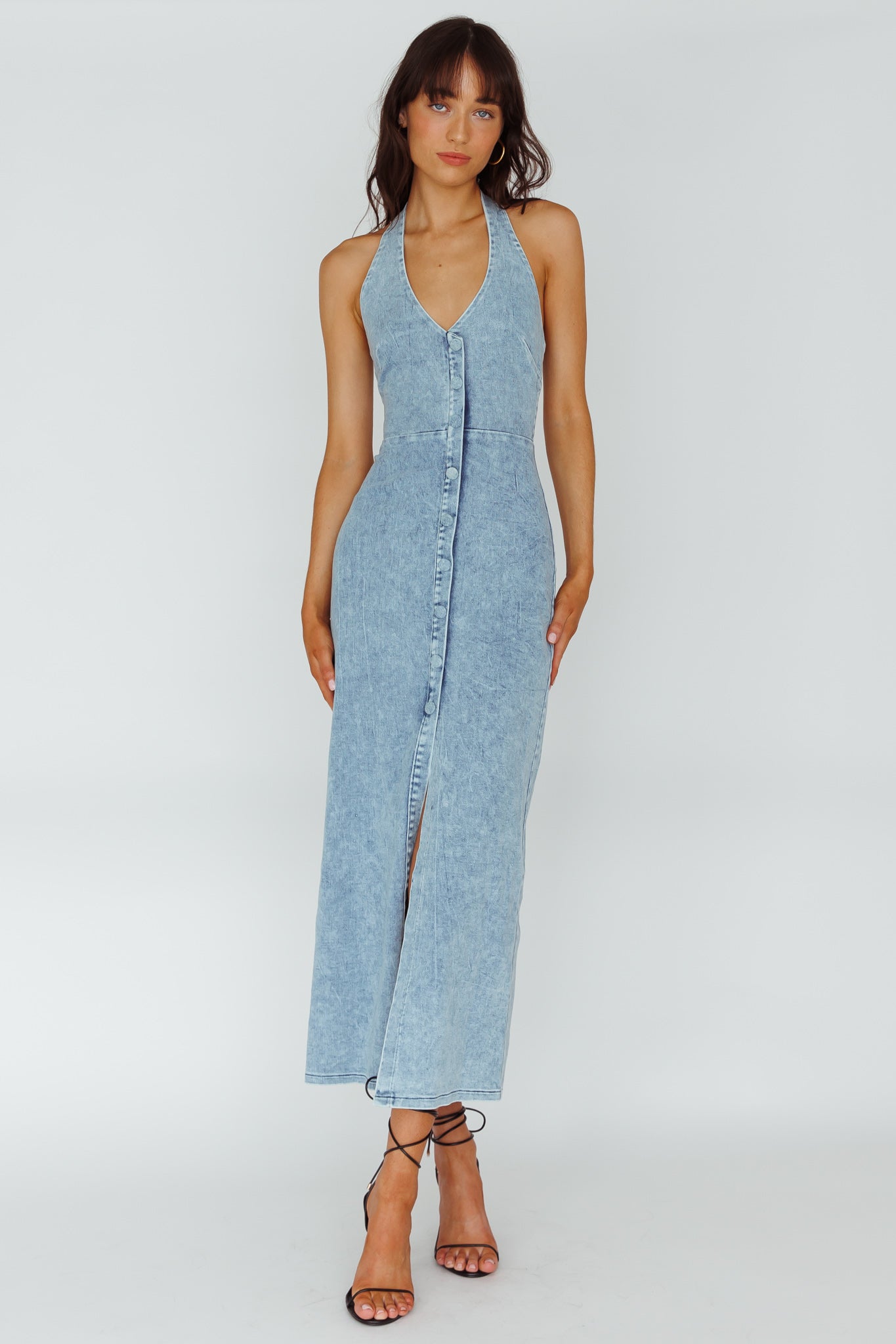 Renita Halterneck Button Maxi Dress Denim Blue | Selfie Leslie Renita Halterneck Button Maxi Dress Denim Blue | Selfie Leslie
