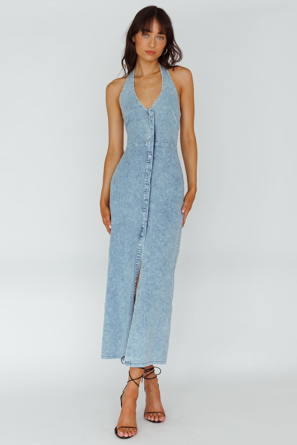 Renita Halterneck Button Maxi Dress Denim Blue by Selfie Leslie