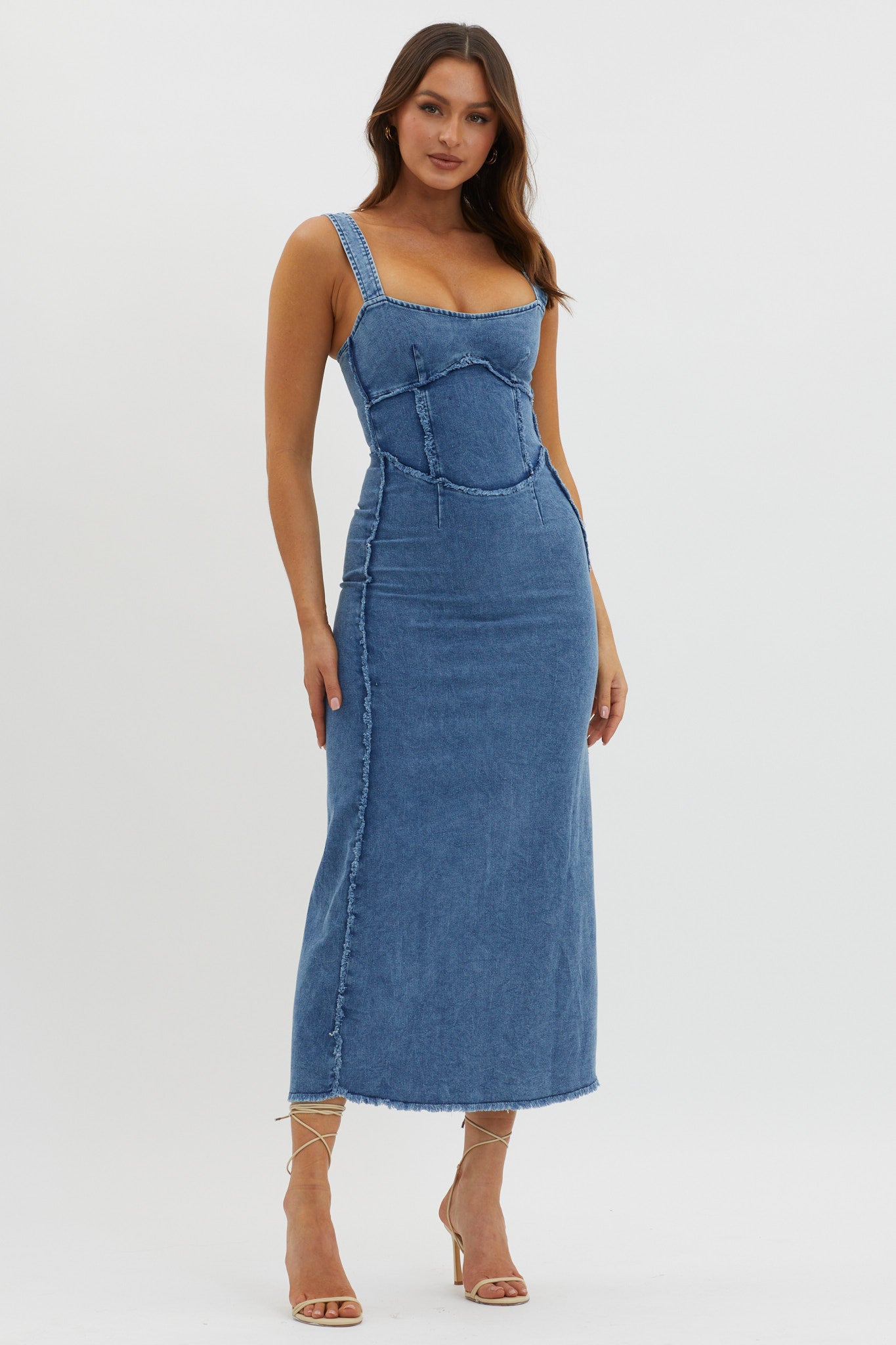 denim fitted dress Shenae Raw Edge Bodycon Dress Denim