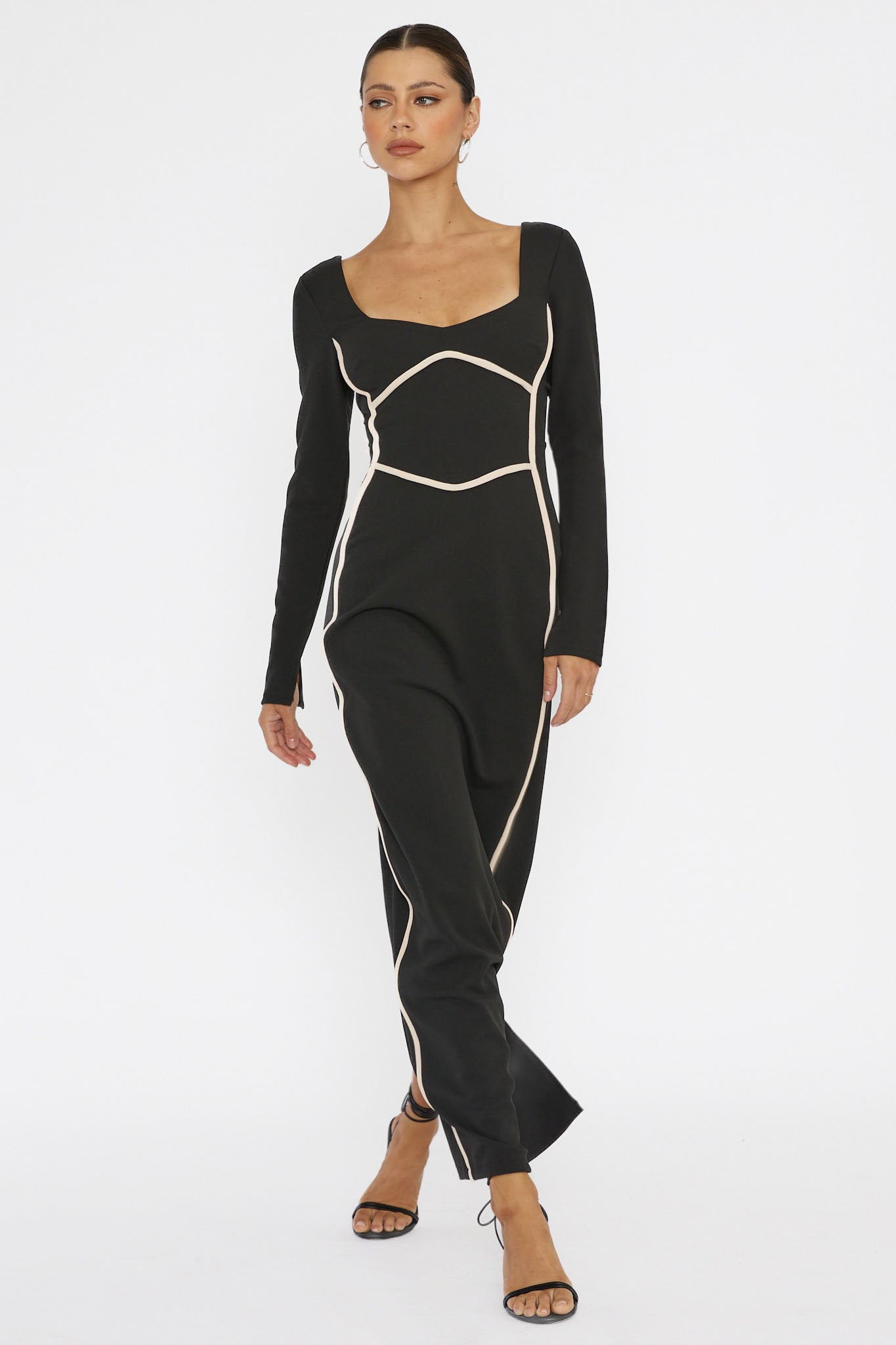 Shenae Long Sleeve Piping Midi Dress Black by Selfie Leslie