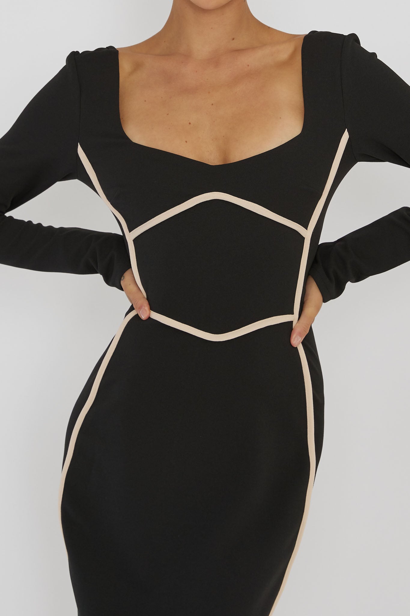 Shenae Long Sleeve Piping Midi Dress Black by Selfie Leslie
