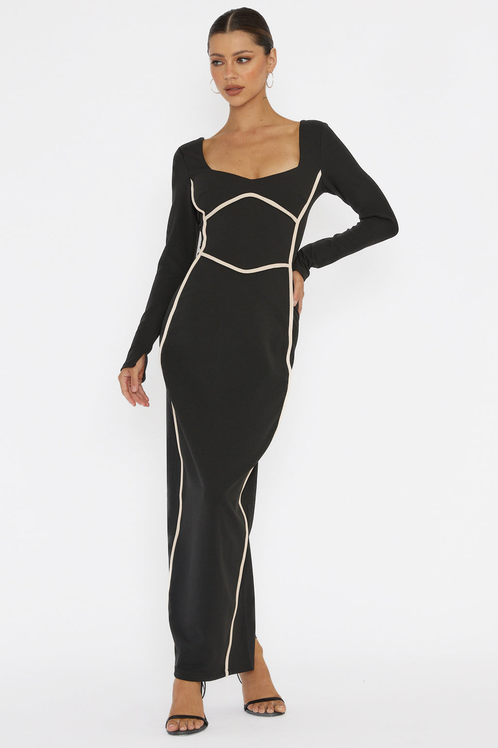 Shenae Long Sleeve Piping Midi Dress Black by Selfie Leslie